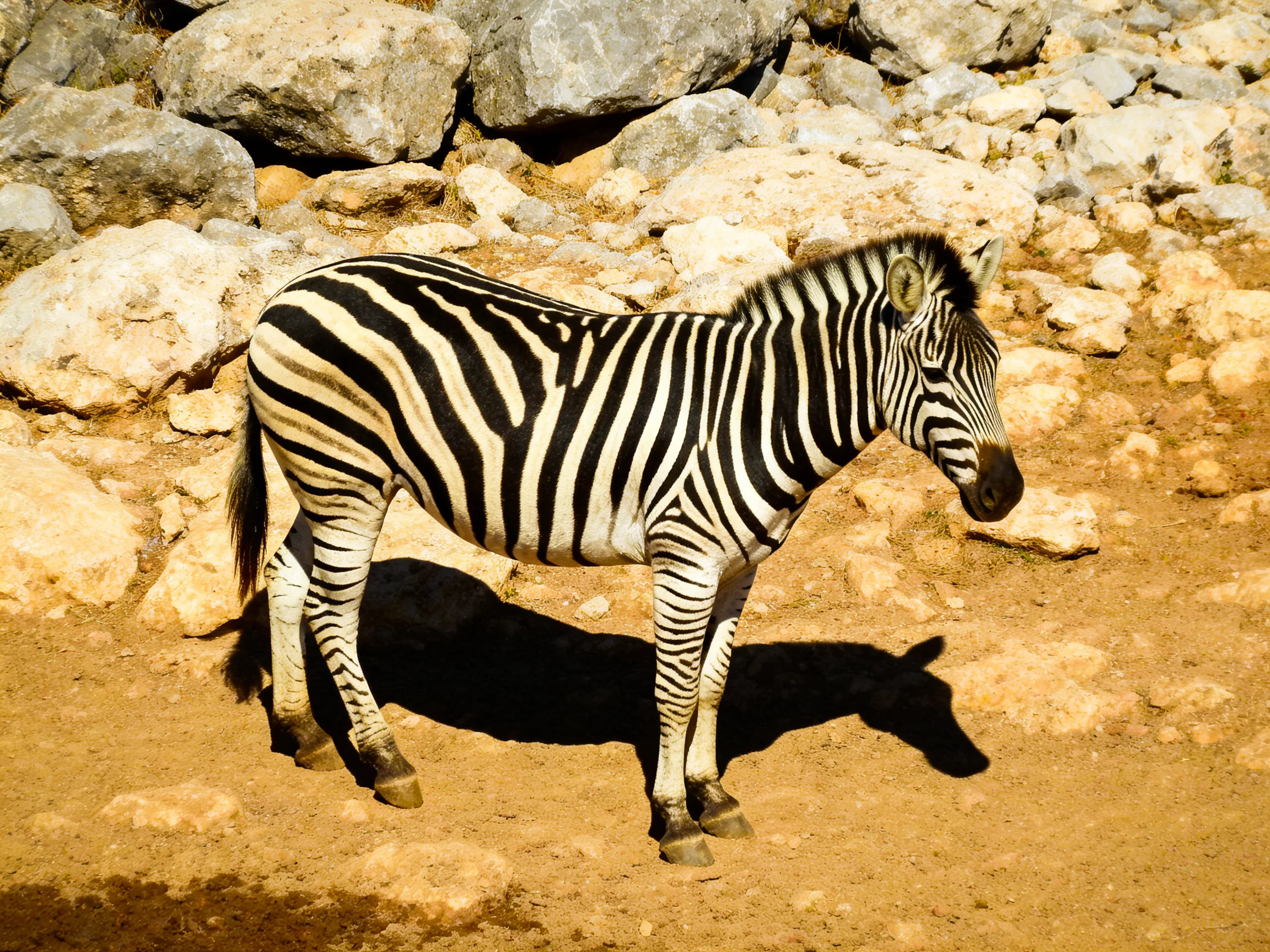 A zebra with bold stripes stands near large rocks on brown earth.