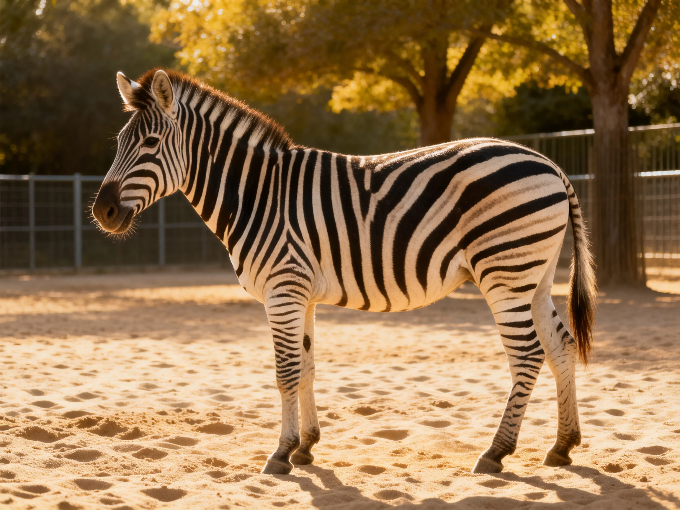 A zebra with black-and-white stripes stands on sandy ground in an enclosure.