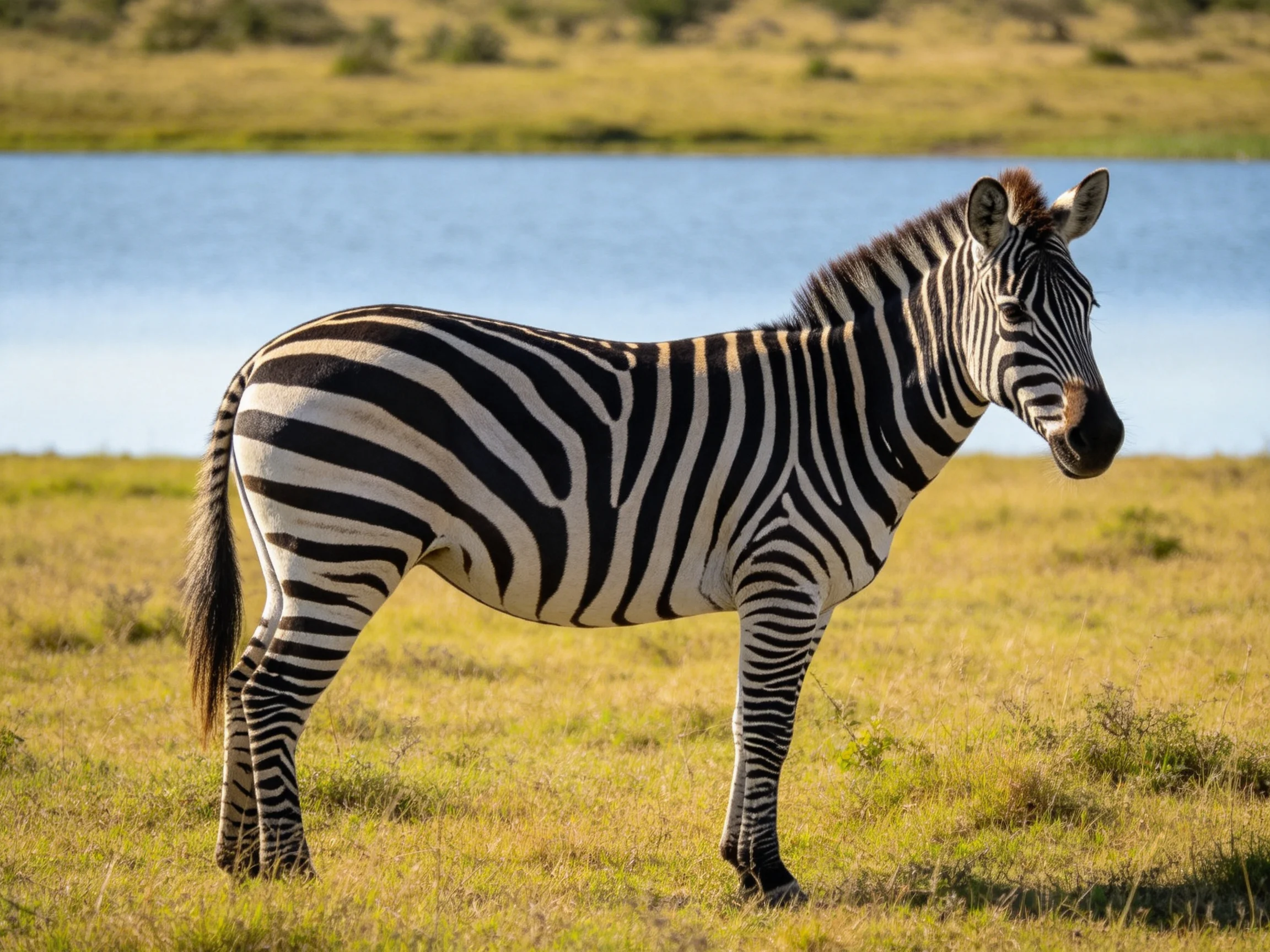 A zebra with bold black-and-white stripes stands by a calm blue lake