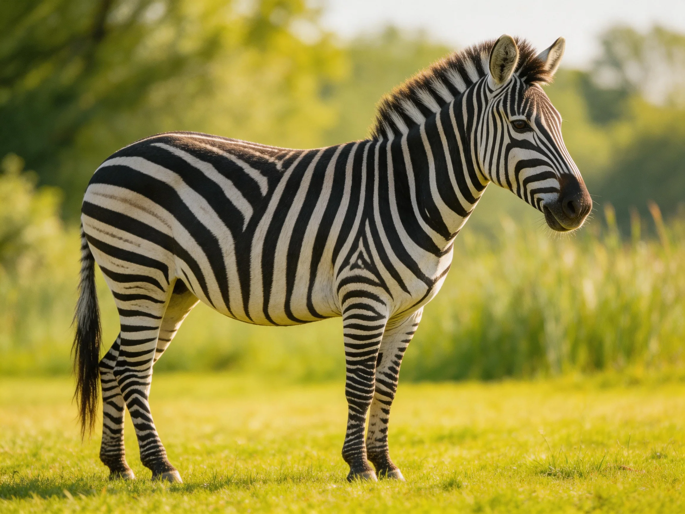 A zebra with bold black-and-white stripes stands in a sunlit grassland.