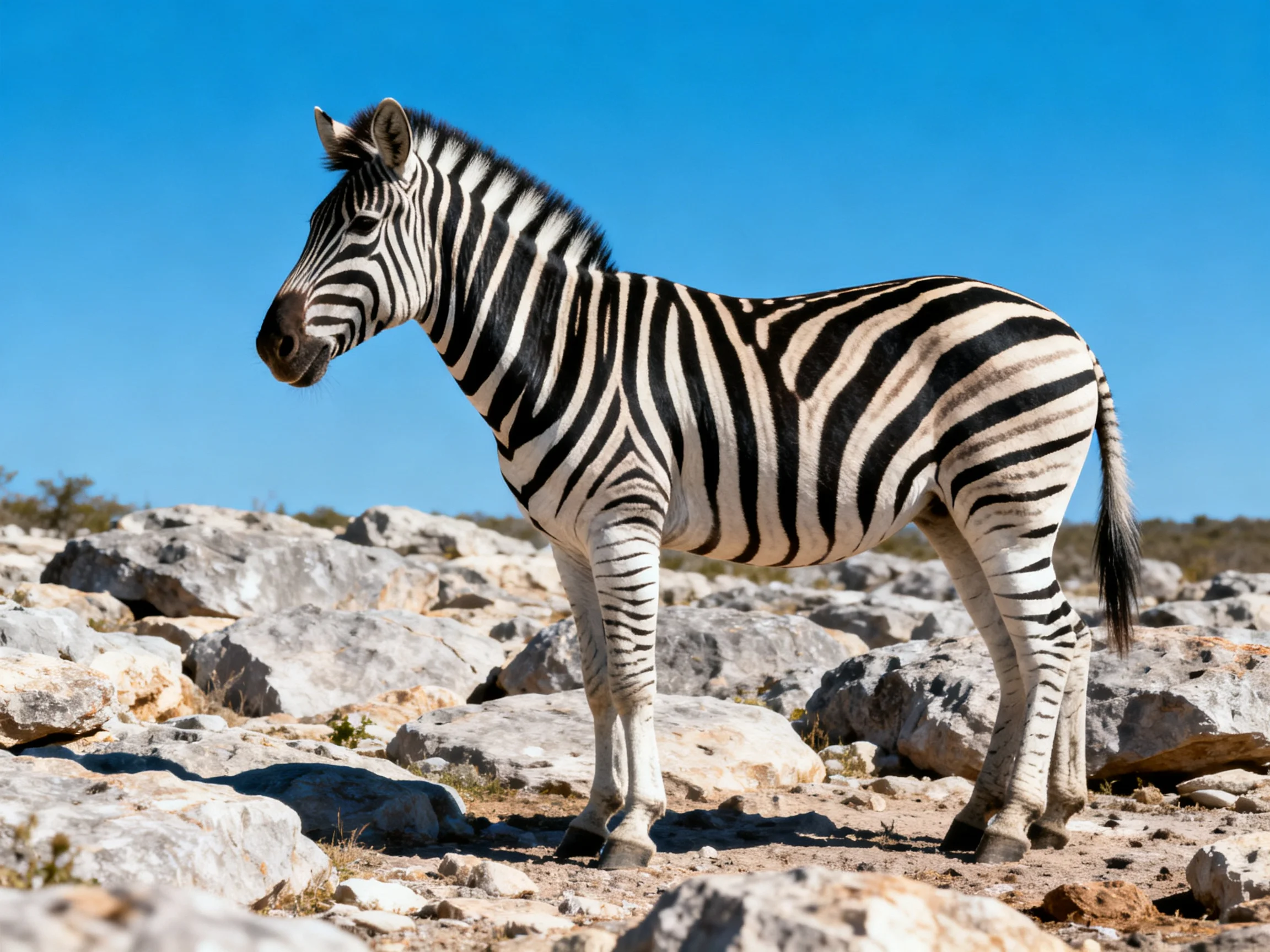 A zebra with bold black and white stripes stands on rocky terrain under a clear blue sky