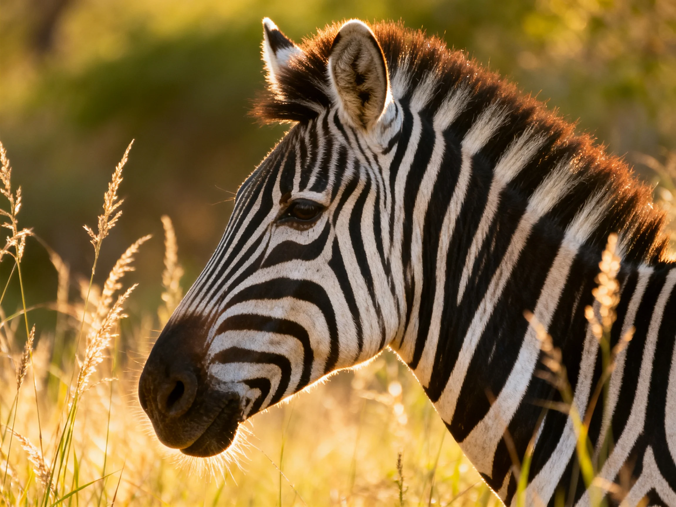 A zebra with bold black stripes in golden savannah grass