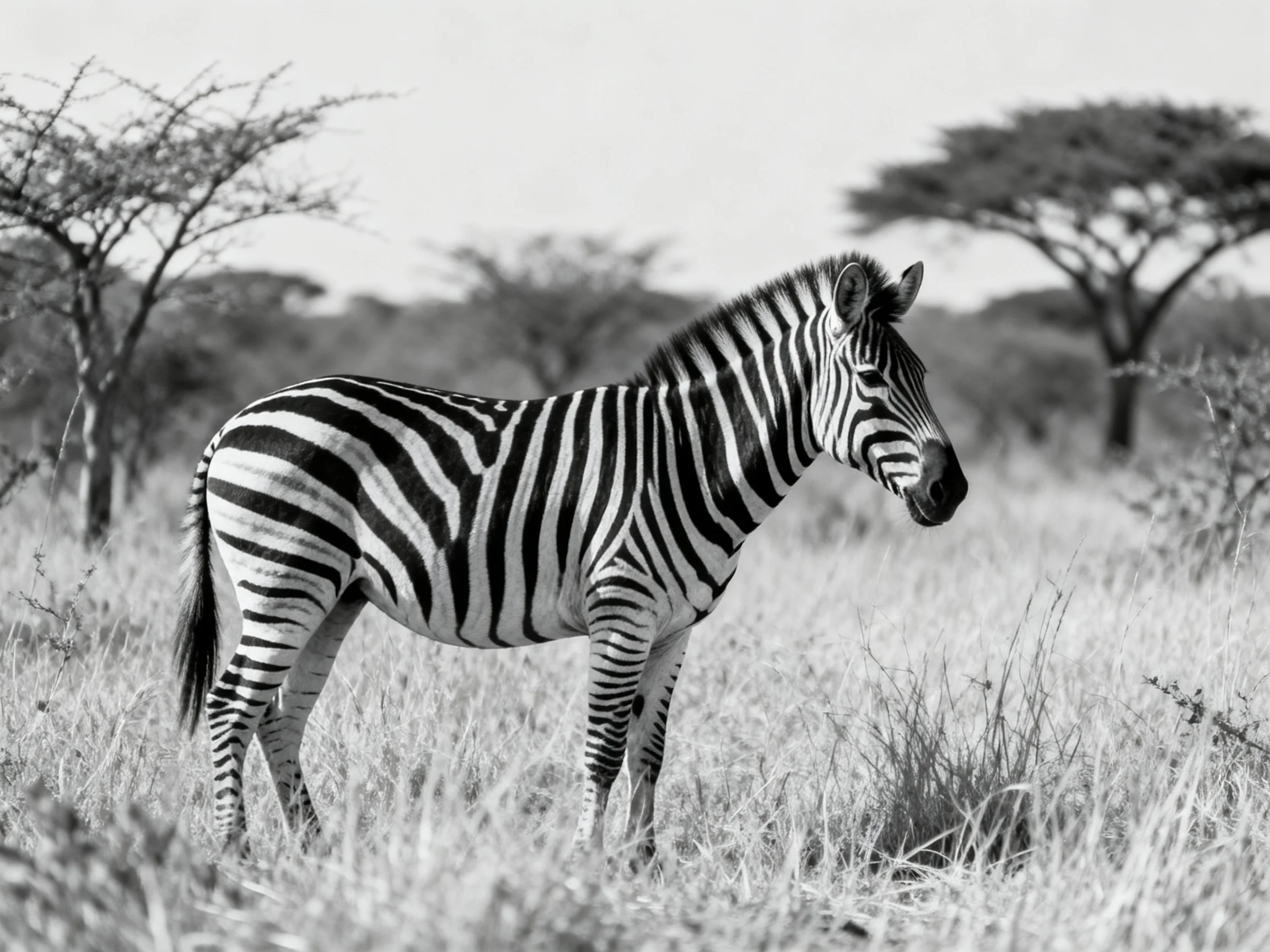 A zebra with bold stripes in a savannah landscape