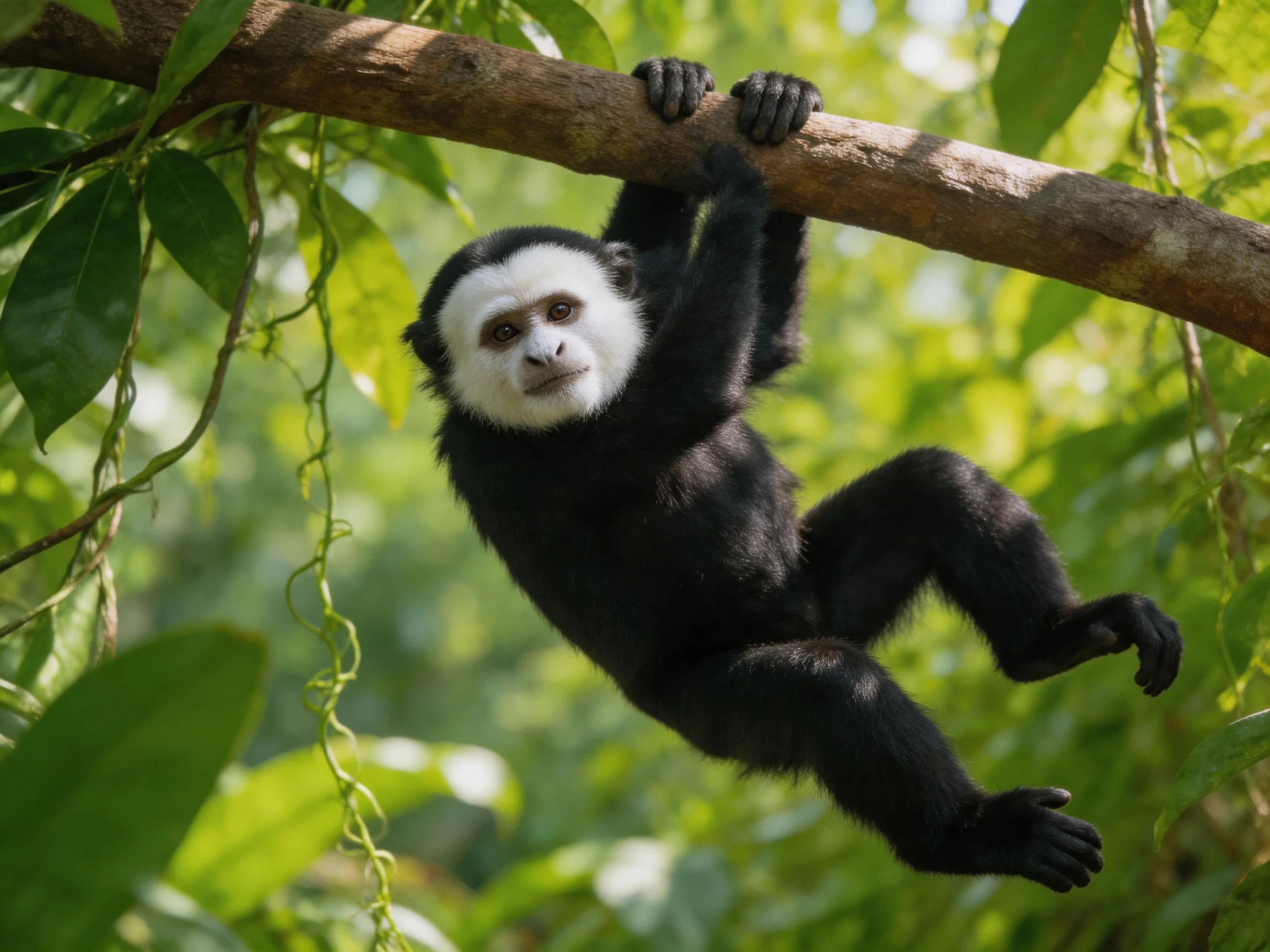 Ablack-furred monkey with white face hangs from a thick tree branch amid dense green foliage