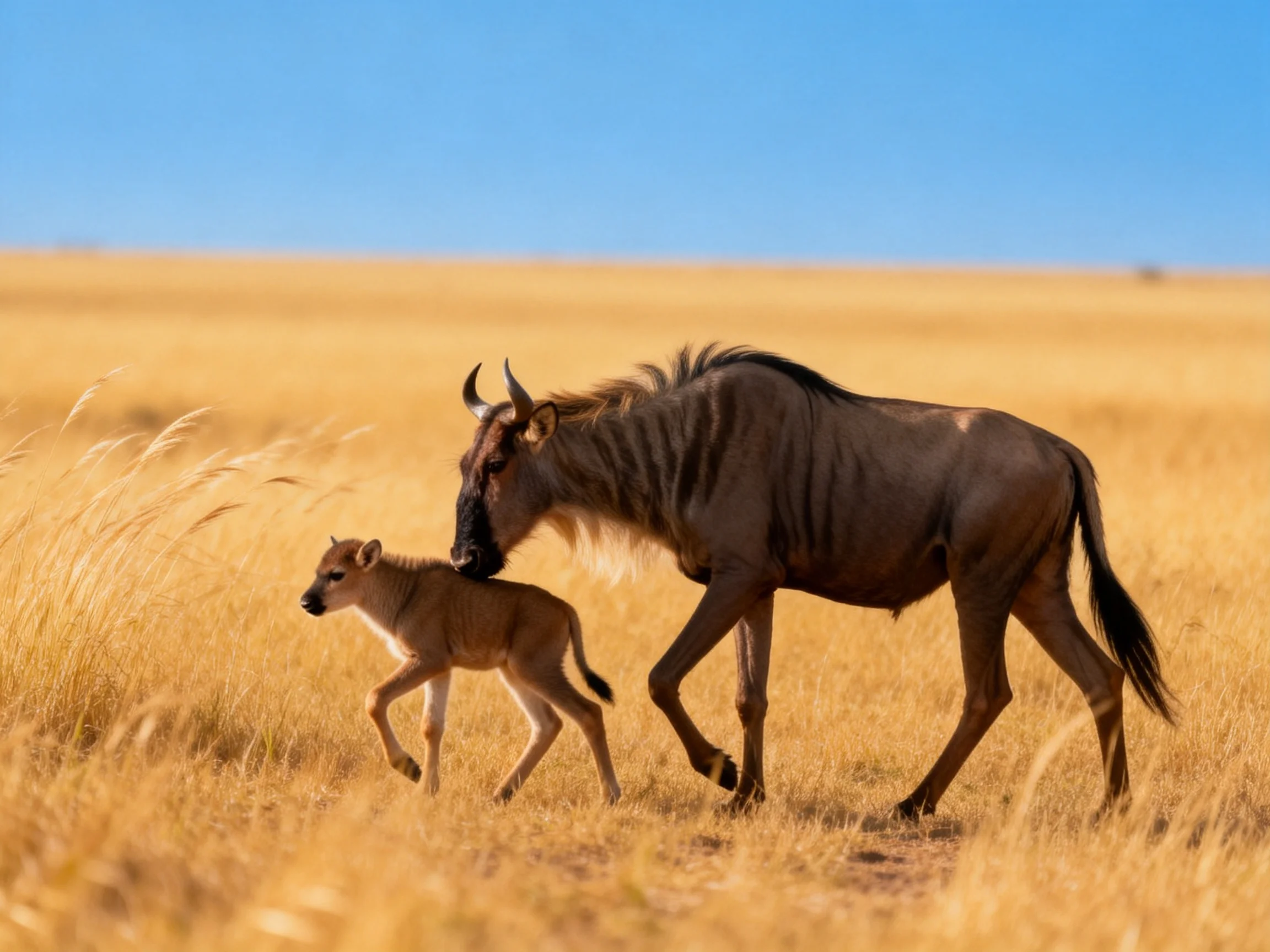 Adult wildebeest and young calf traverse golden savannah plains