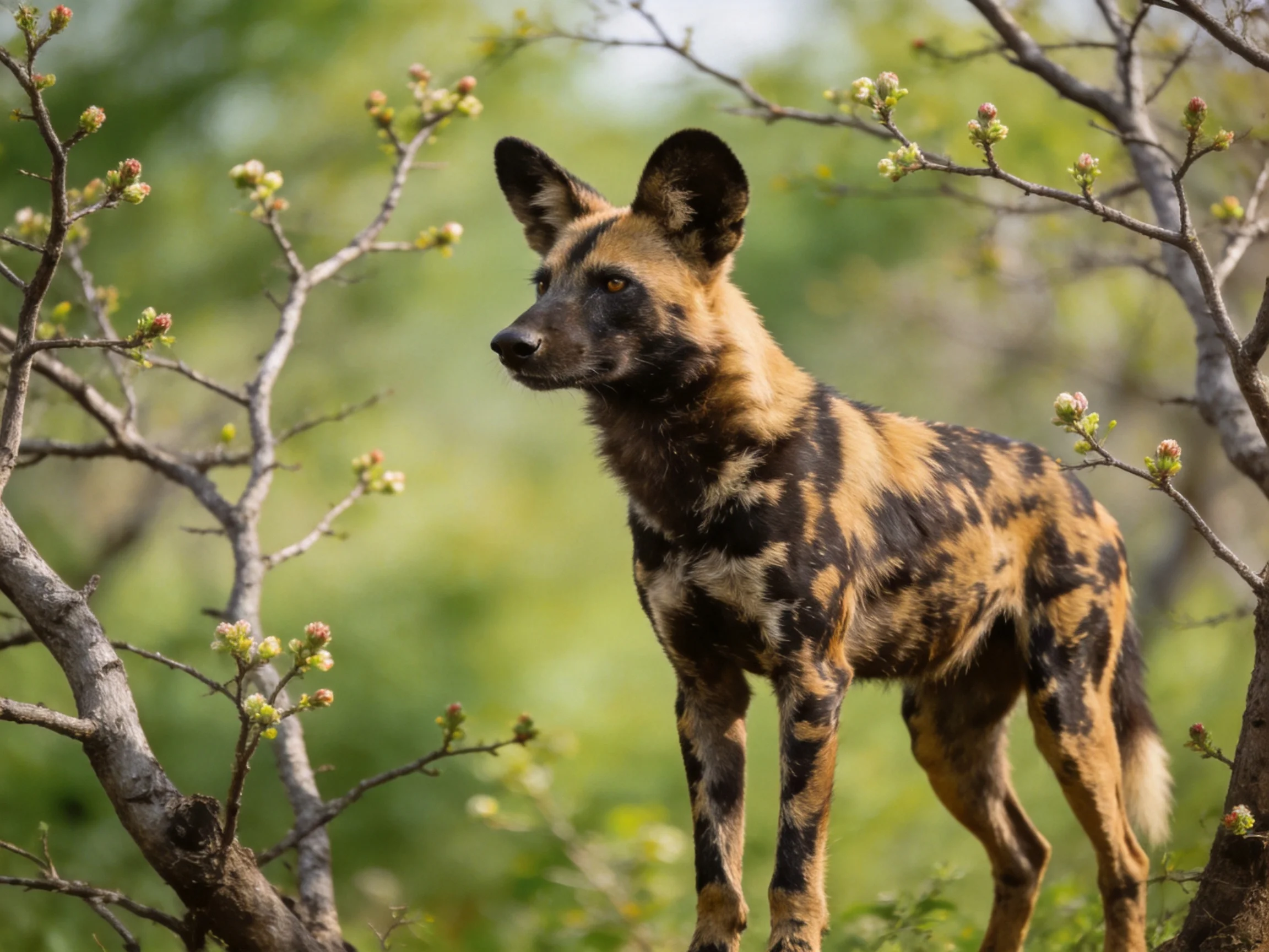 African wild dog amid flowering branches in green landscape