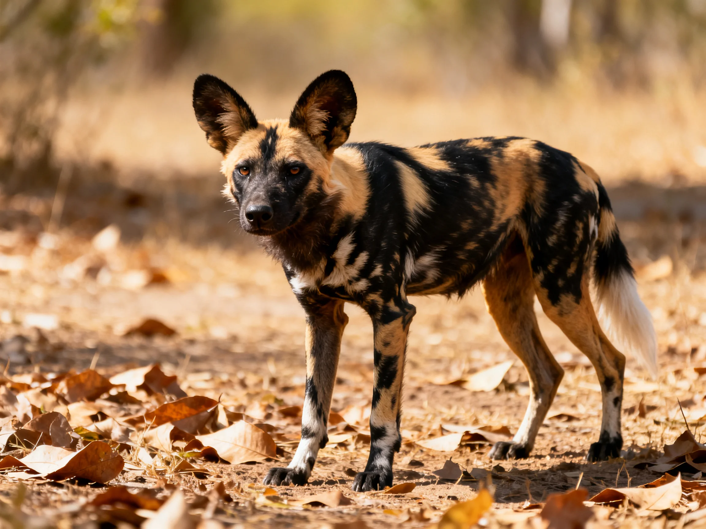 An African wild dog stands alert on leaf-covered ground in bright sunlight.