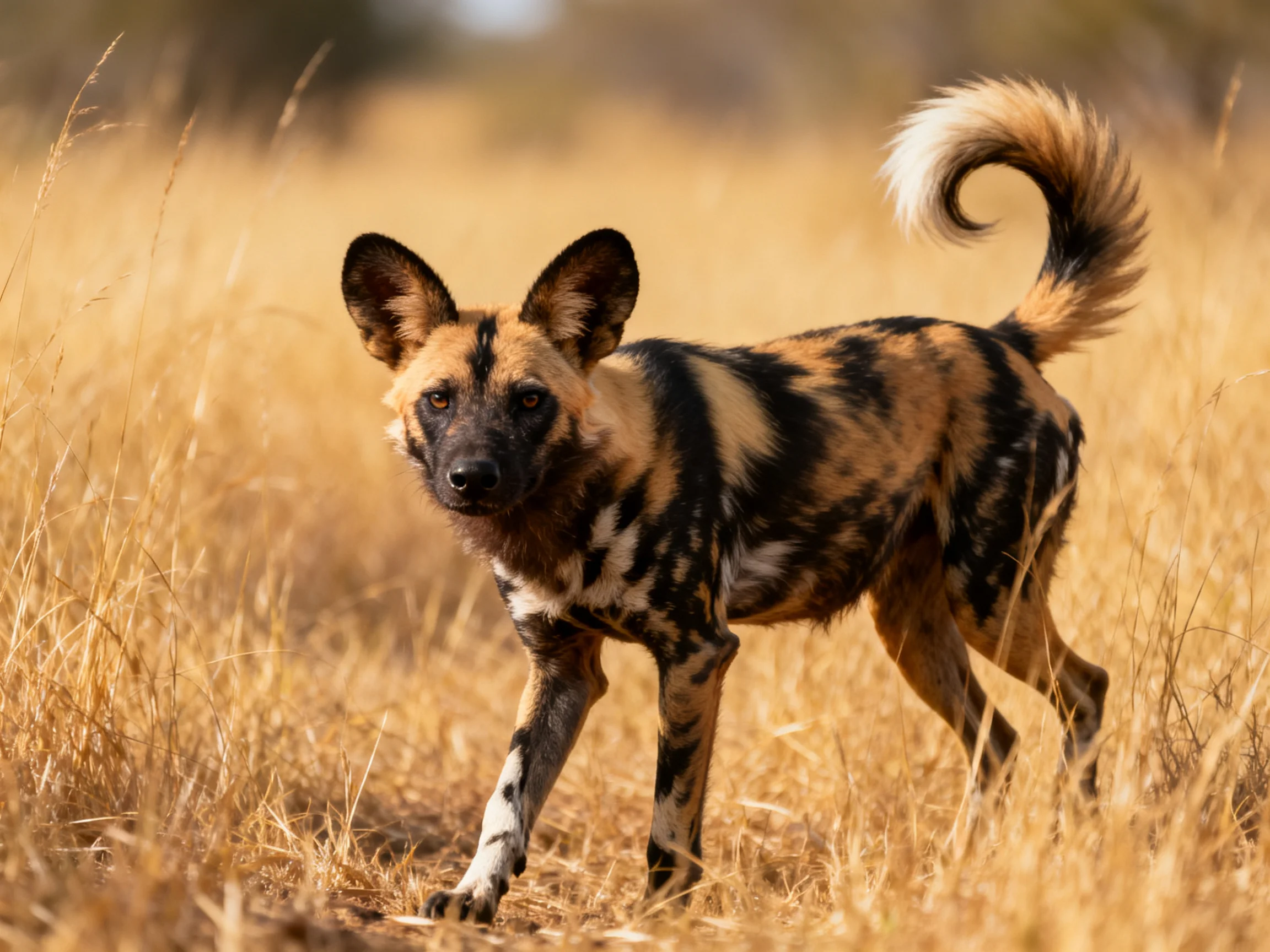 African wild dog with black and tan markings stands in golden savannah grass