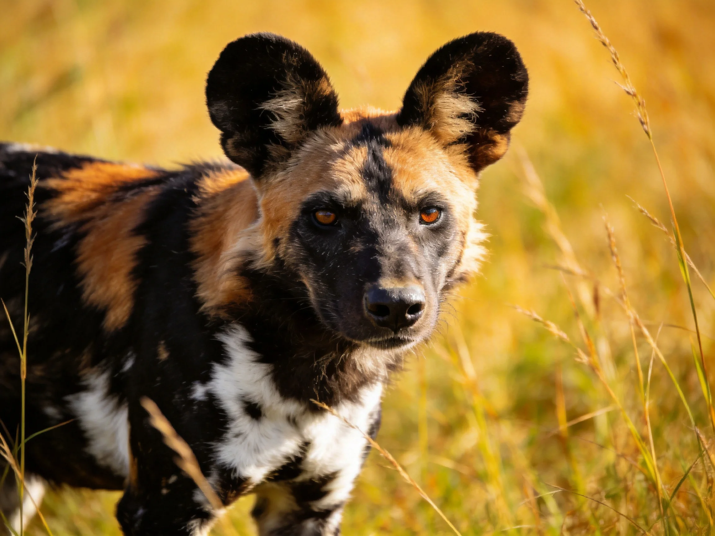 African wild dog with black, tan, and white fur in golden savannah grass