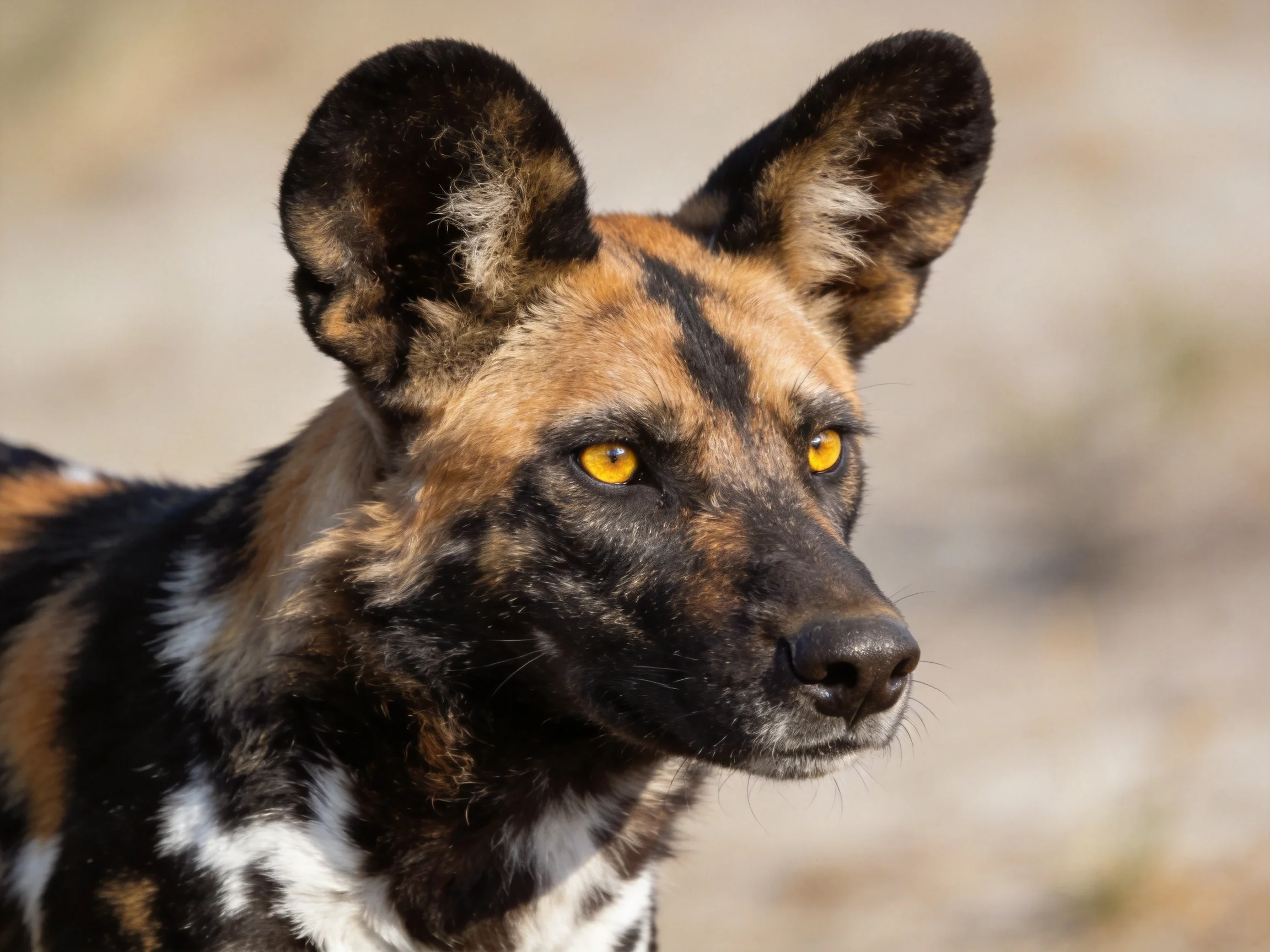 African wild dog with distinctive black, tan, and white markings
