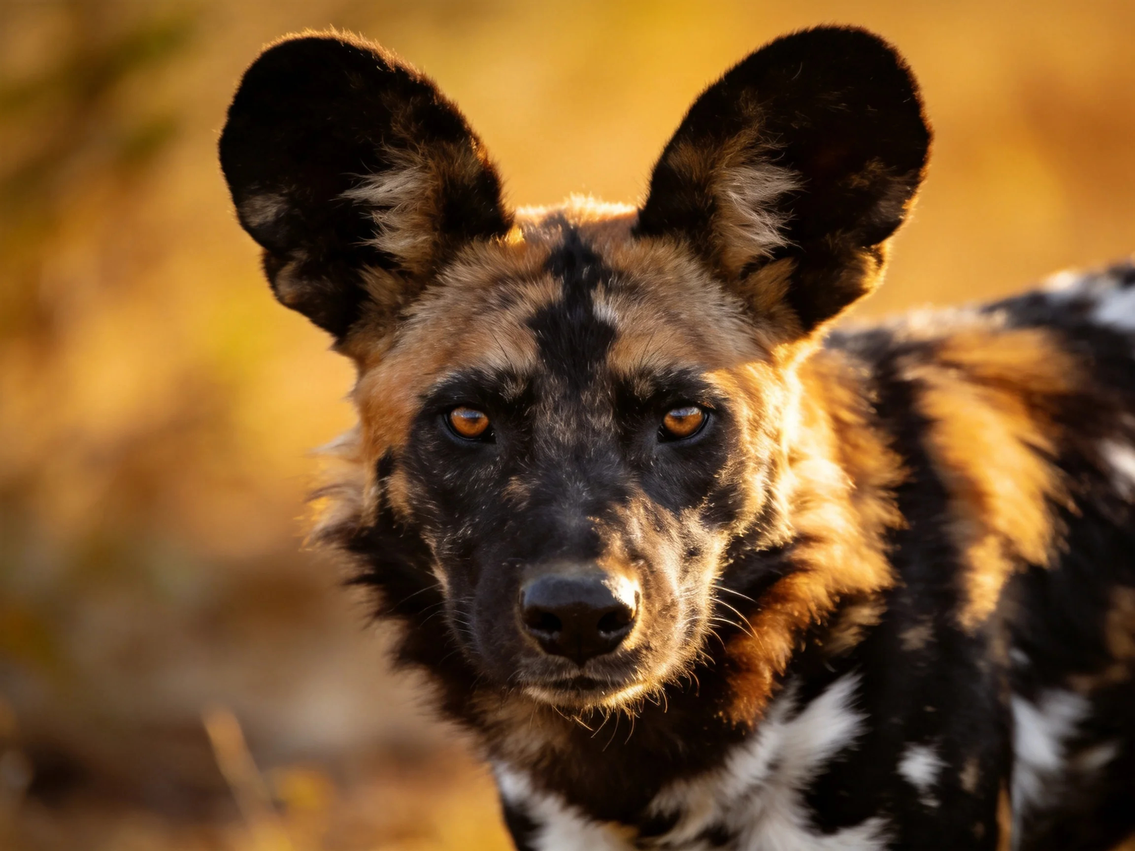 African wild dog with large ears and spotted coat in golden light