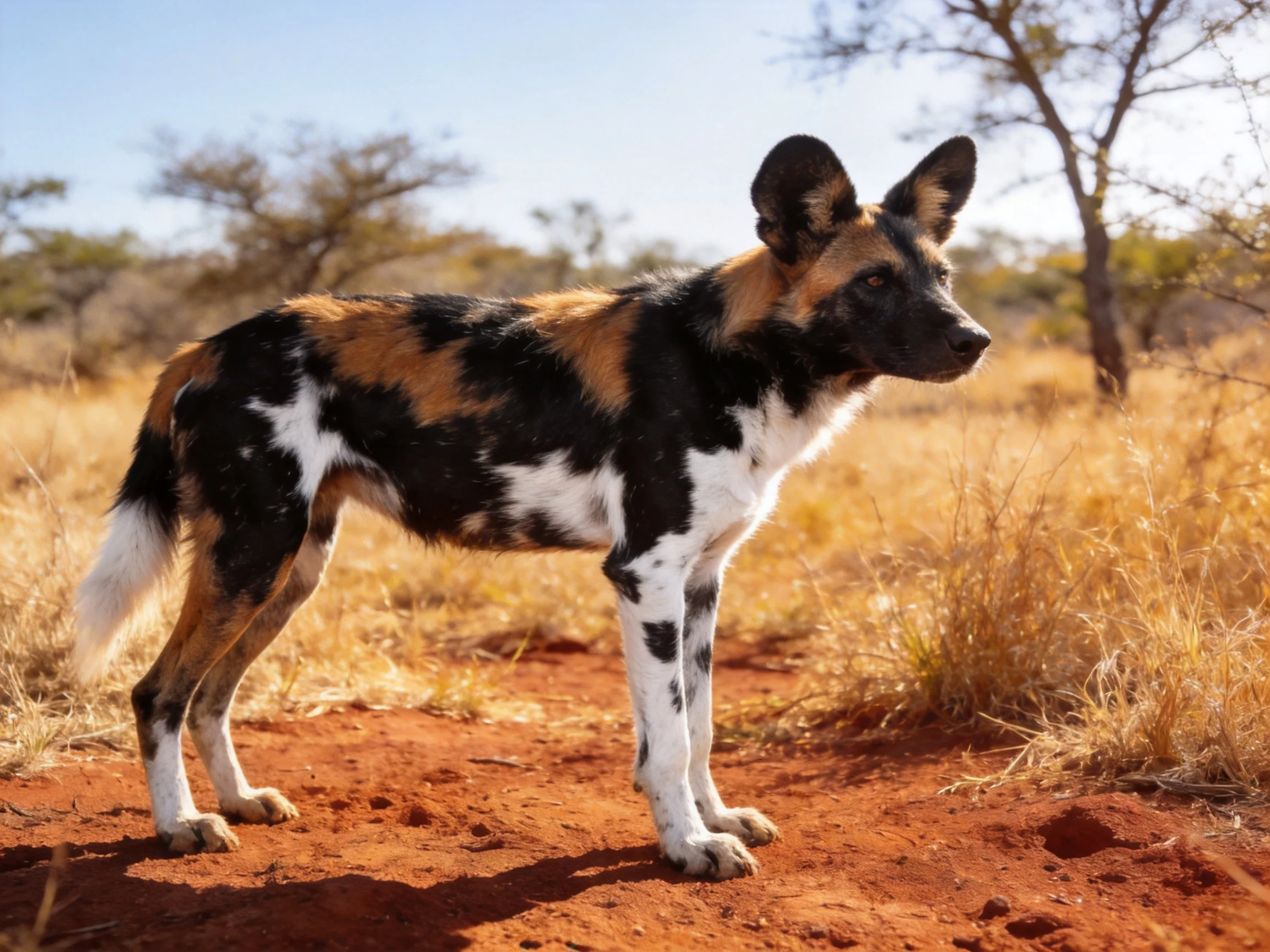 African wild dog with multicolor coat on reddish dirt path