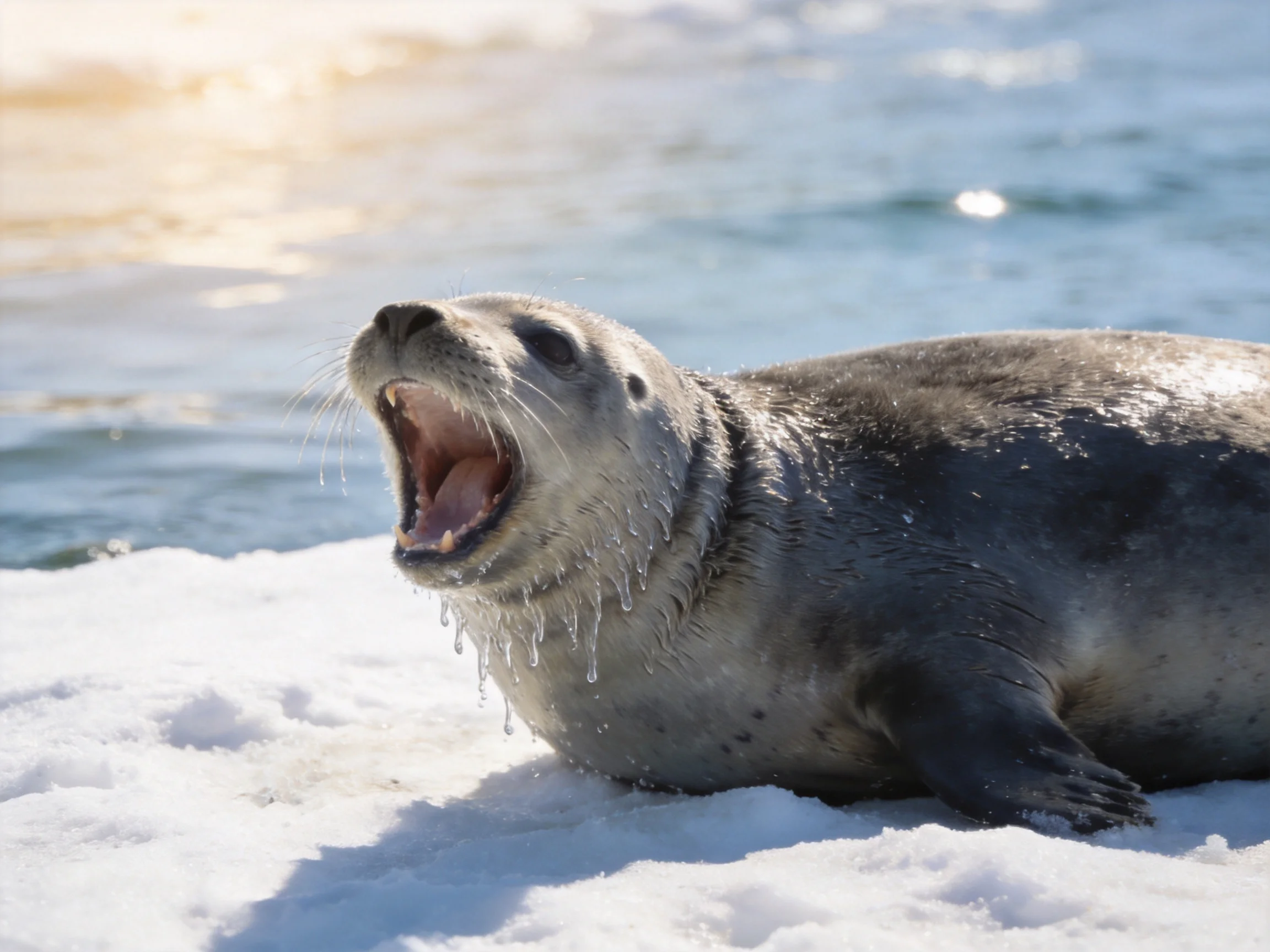 Agray seal rests on snowy ice near icy blue waters
