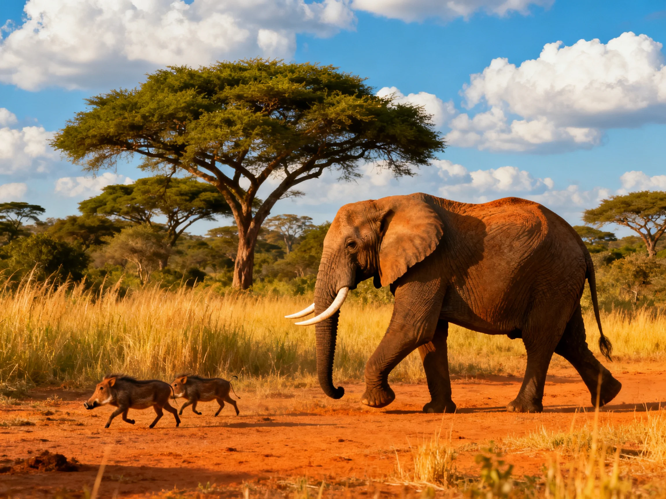 An African savannah scene with an elephant and two warthogs