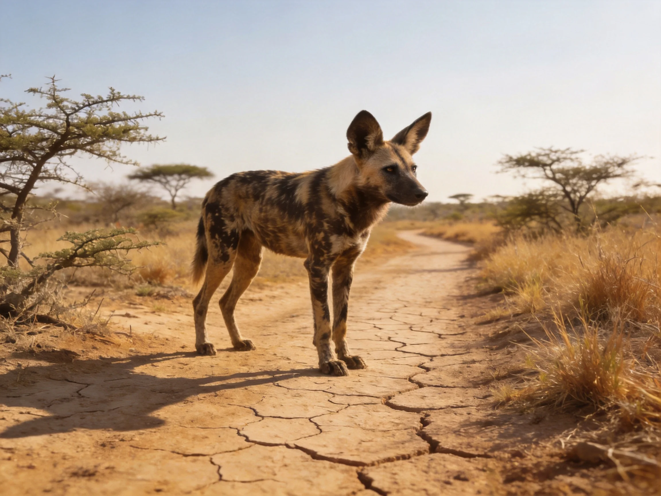 An African wild dog on a cracked dirt path in a dry savannah