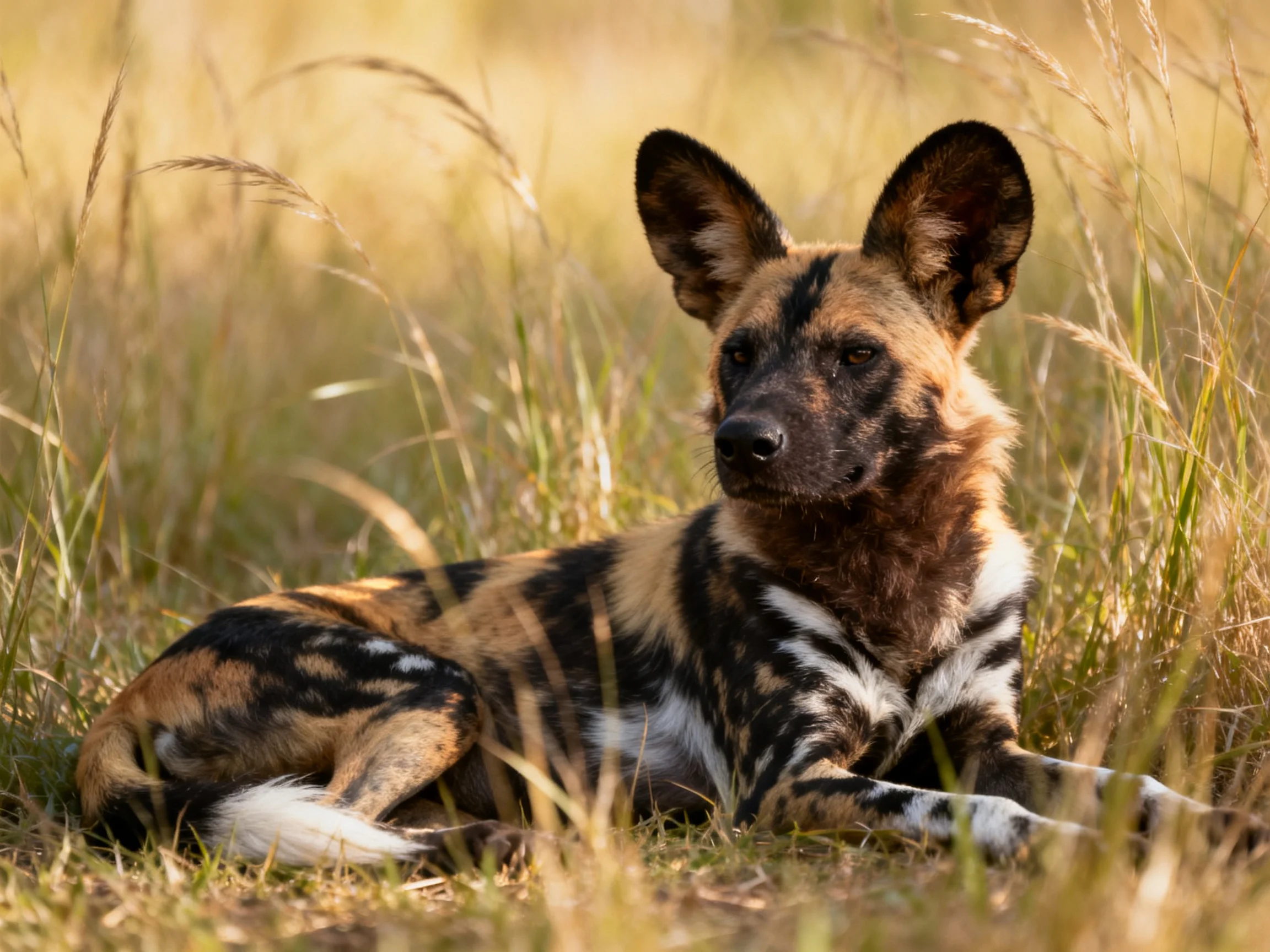 An African wild dog rests amid golden savannah grasses