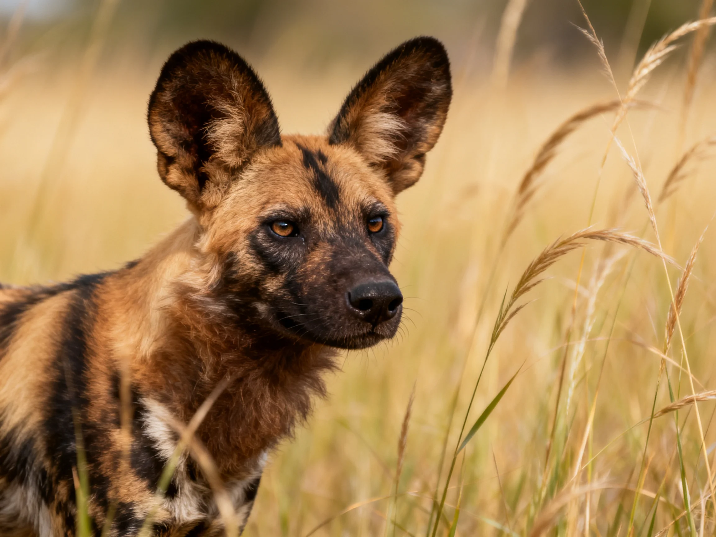 An African wild dog with distinctive coat patterns observes its surroundings in tall grass.