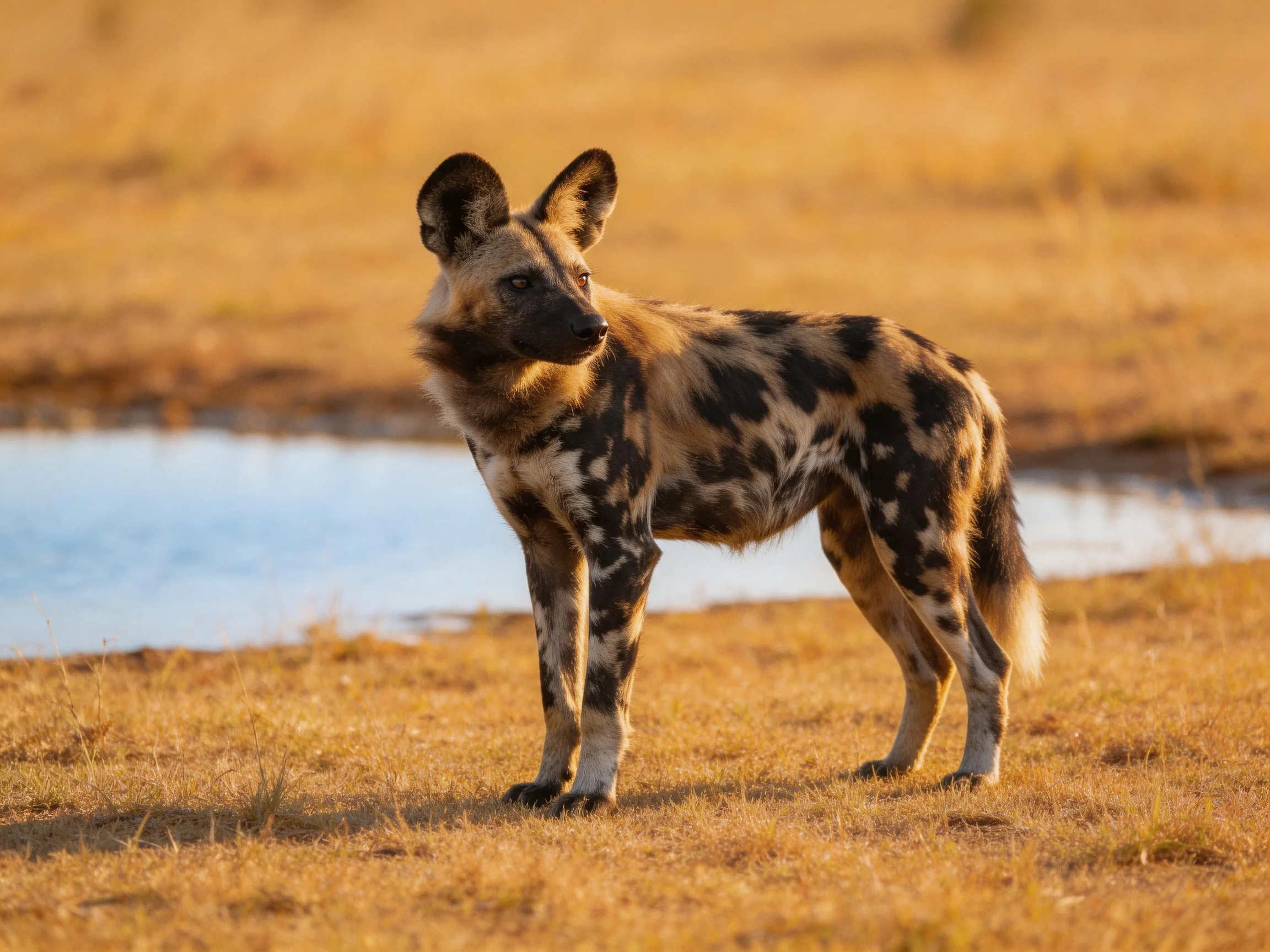 An African wild dog with spotted coat near water in golden savannah