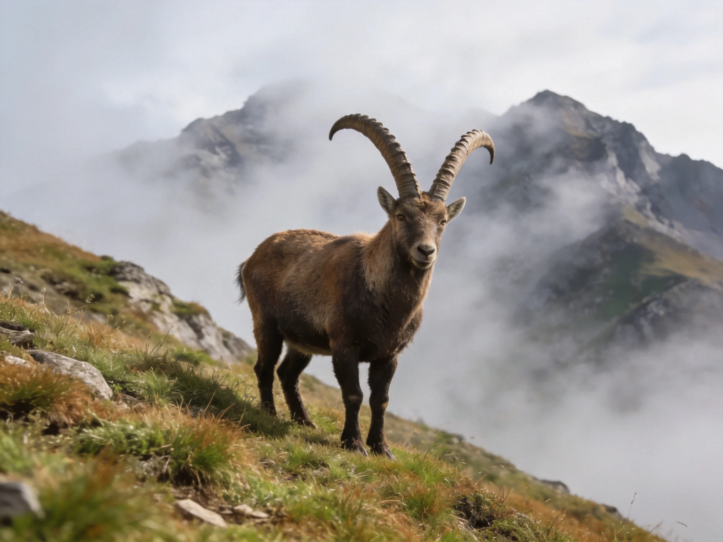 An Alpine ibex with curved horns stands on a misty mountain slope