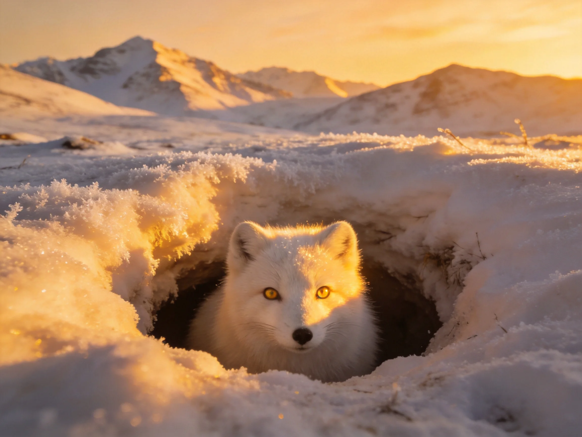 An Arctic Fox Peeks From a Snow-Covered Den at Sunset