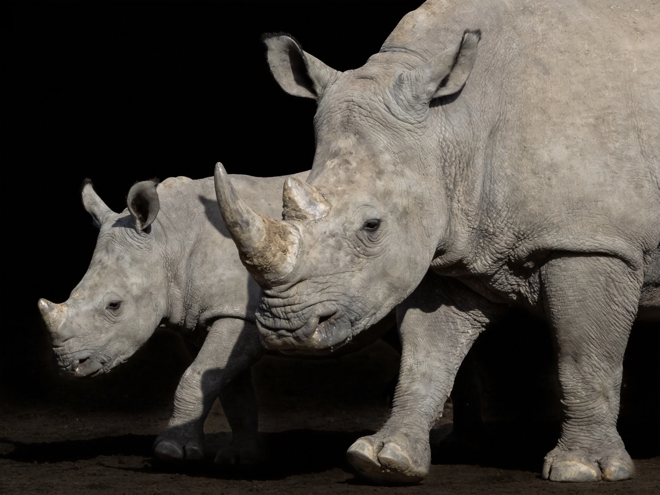 Two gray rhinos, including an adult and juvenile, stand together in darkness.