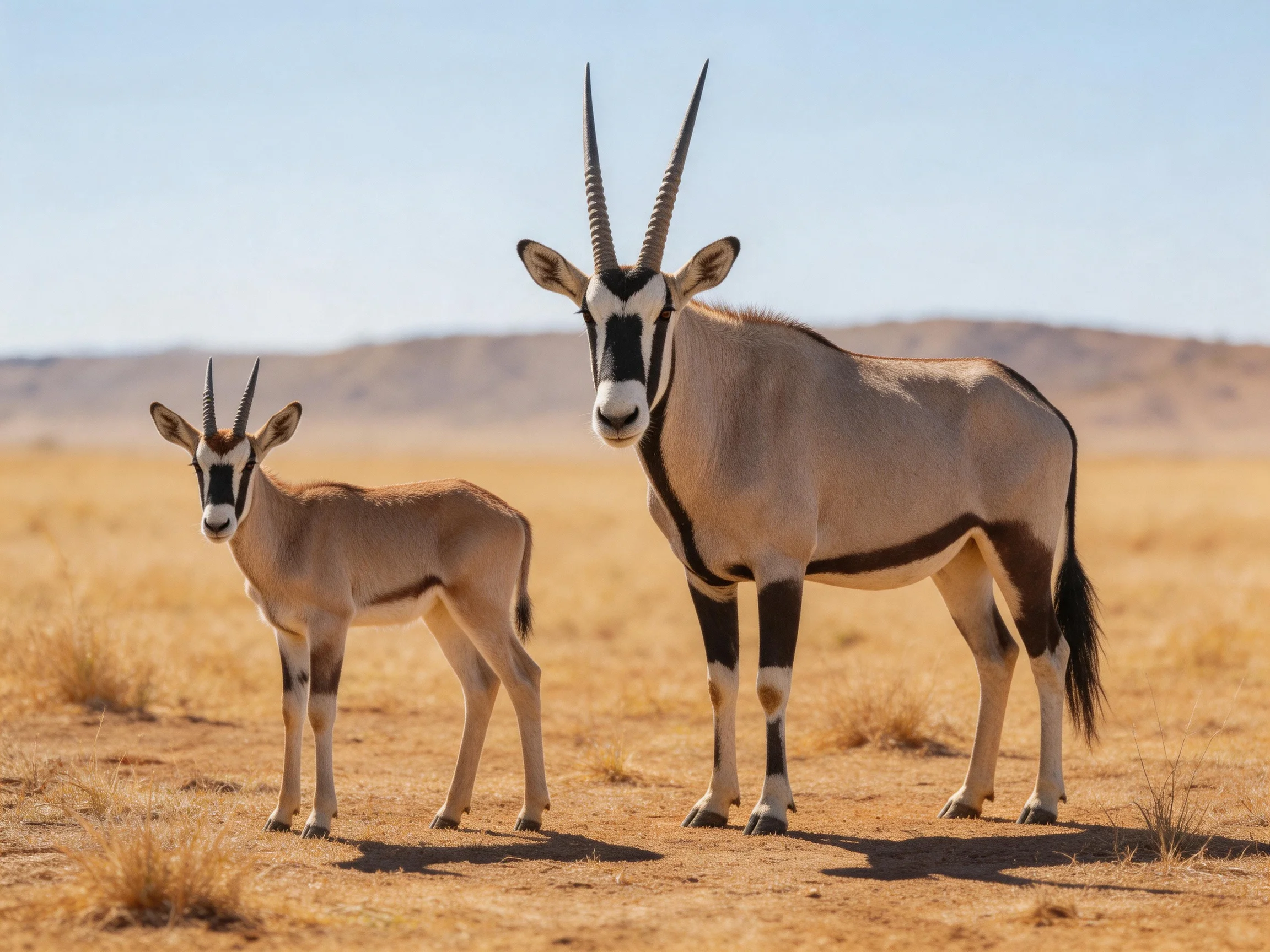 An adult and young gemsbok stand together in an arid, golden landscape.