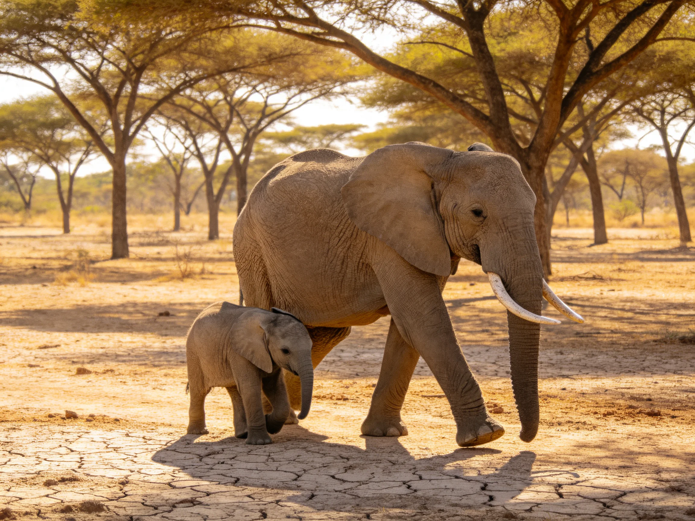 An adult elephant and baby elephant walk through a sunlit savannah with acacia trees