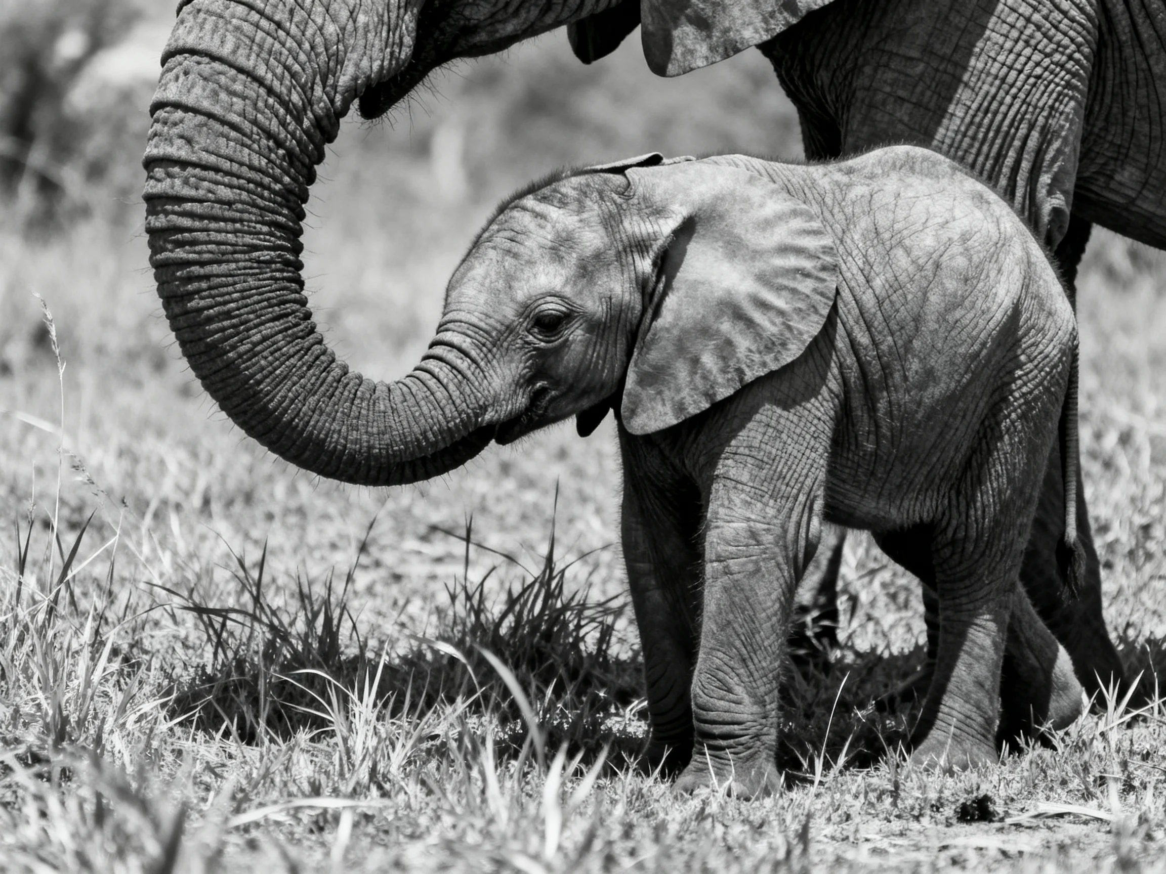 An adult elephant nuzzles a small baby elephant in a grassy field