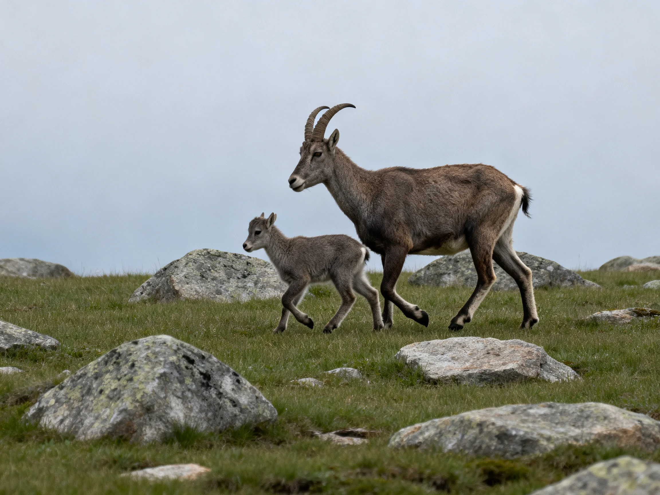An adult goat and young goat traverse a rocky grassy meadow