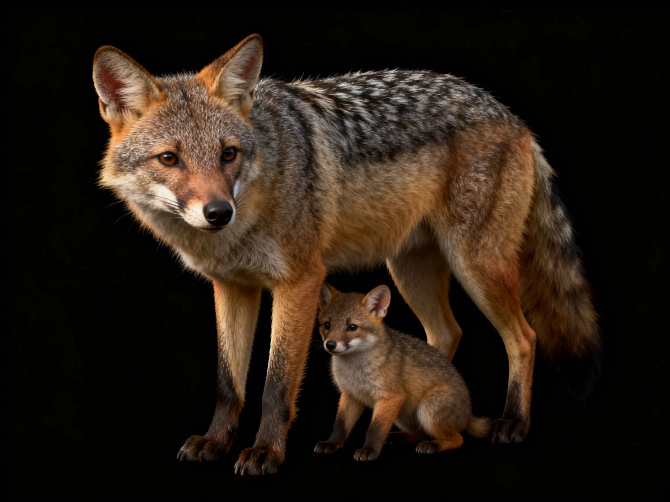 An adult gray-brown fox and a young cub stand against a black backdrop