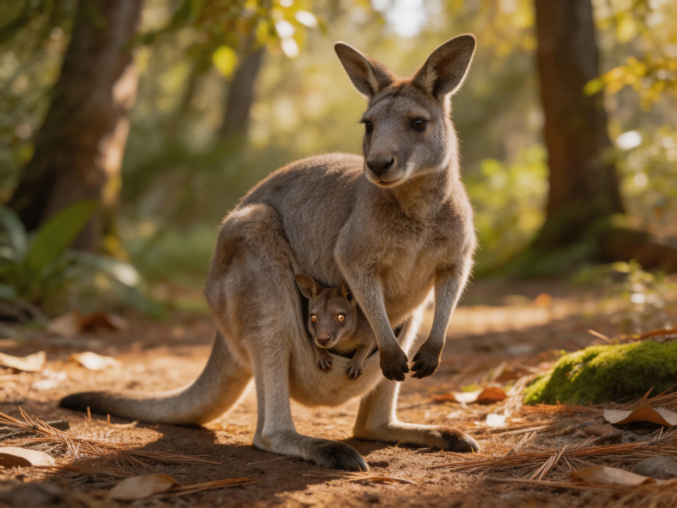 An adult gray kangaroo with a joey in a sunlit forest