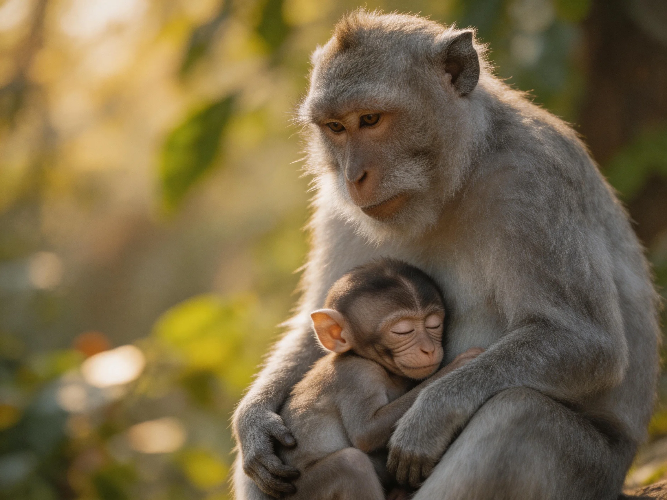 An adult long-tailed monkey cradles a sleeping baby monkey in a sunlit forest