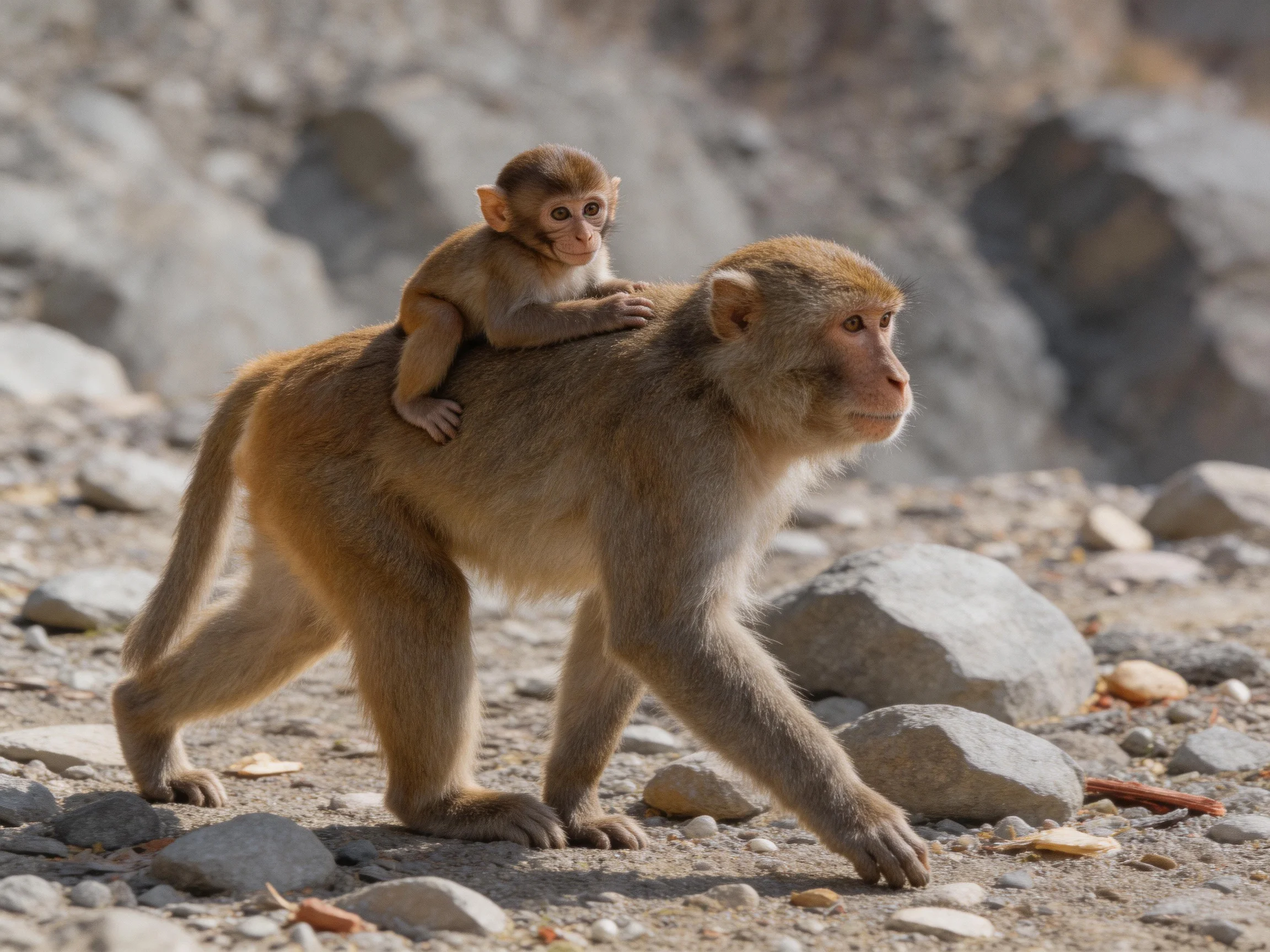 An adult monkey and a baby monkey traverse rocky terrain