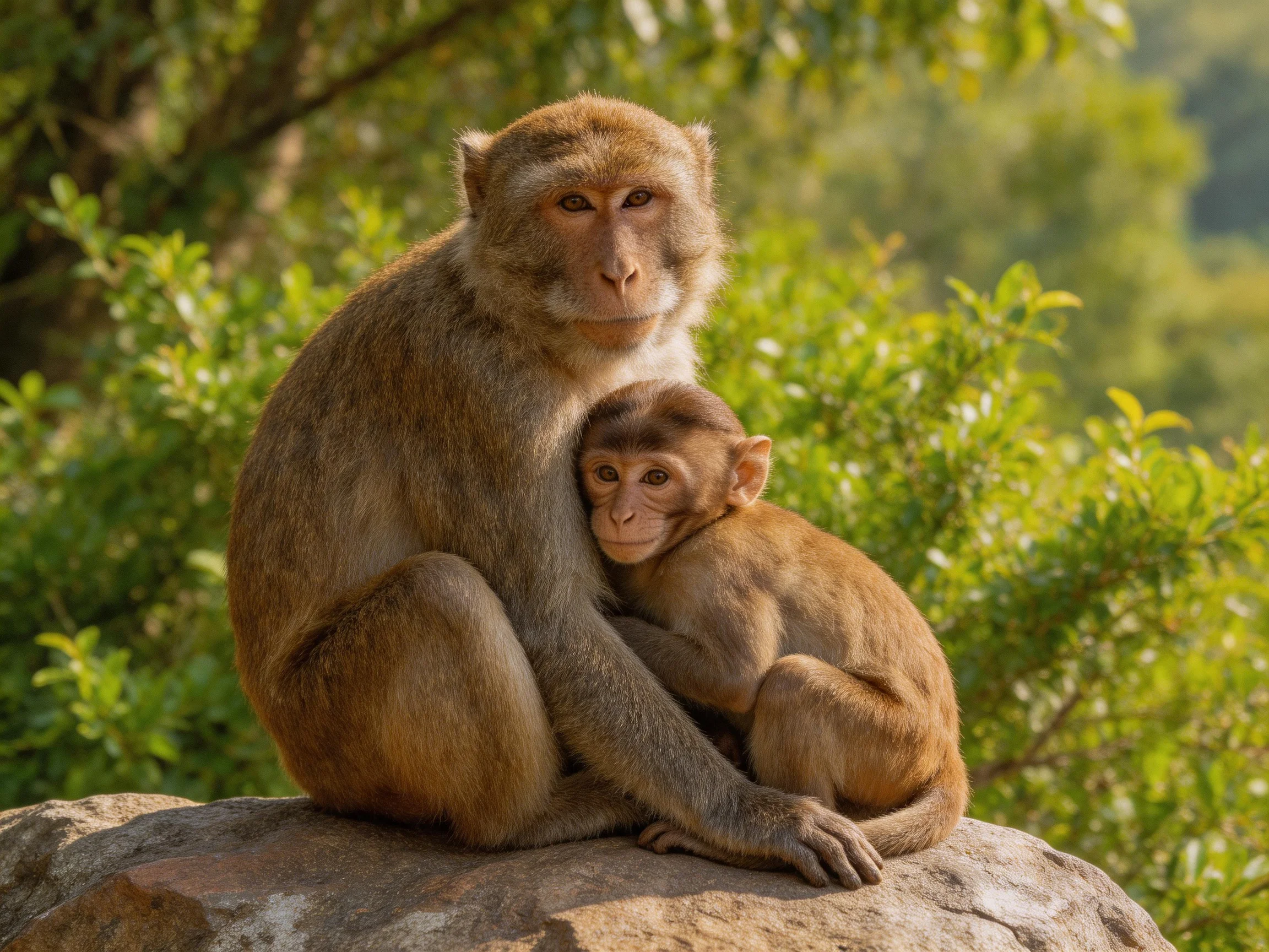 An adult monkey and a juvenile monkey sit together on a rock near lush green foliage