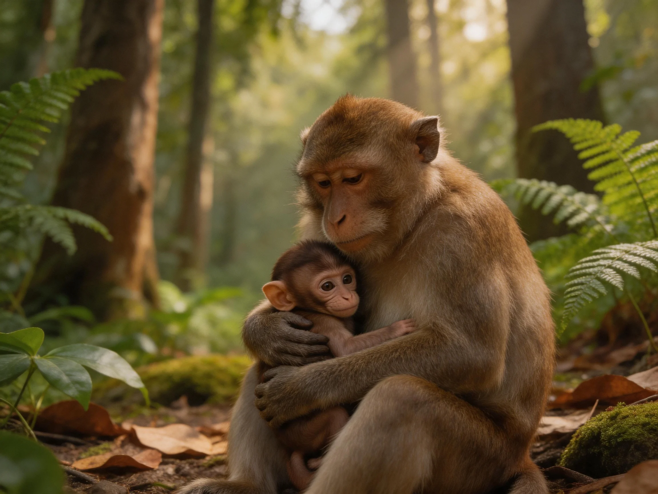 An adult monkey and baby monkey cuddle in a lush green forest