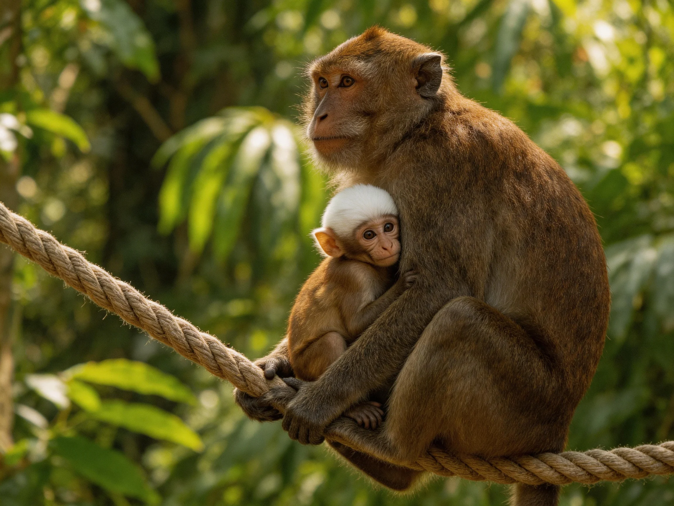 An adult monkey and baby monkey sit on a thick rope in lush greenery