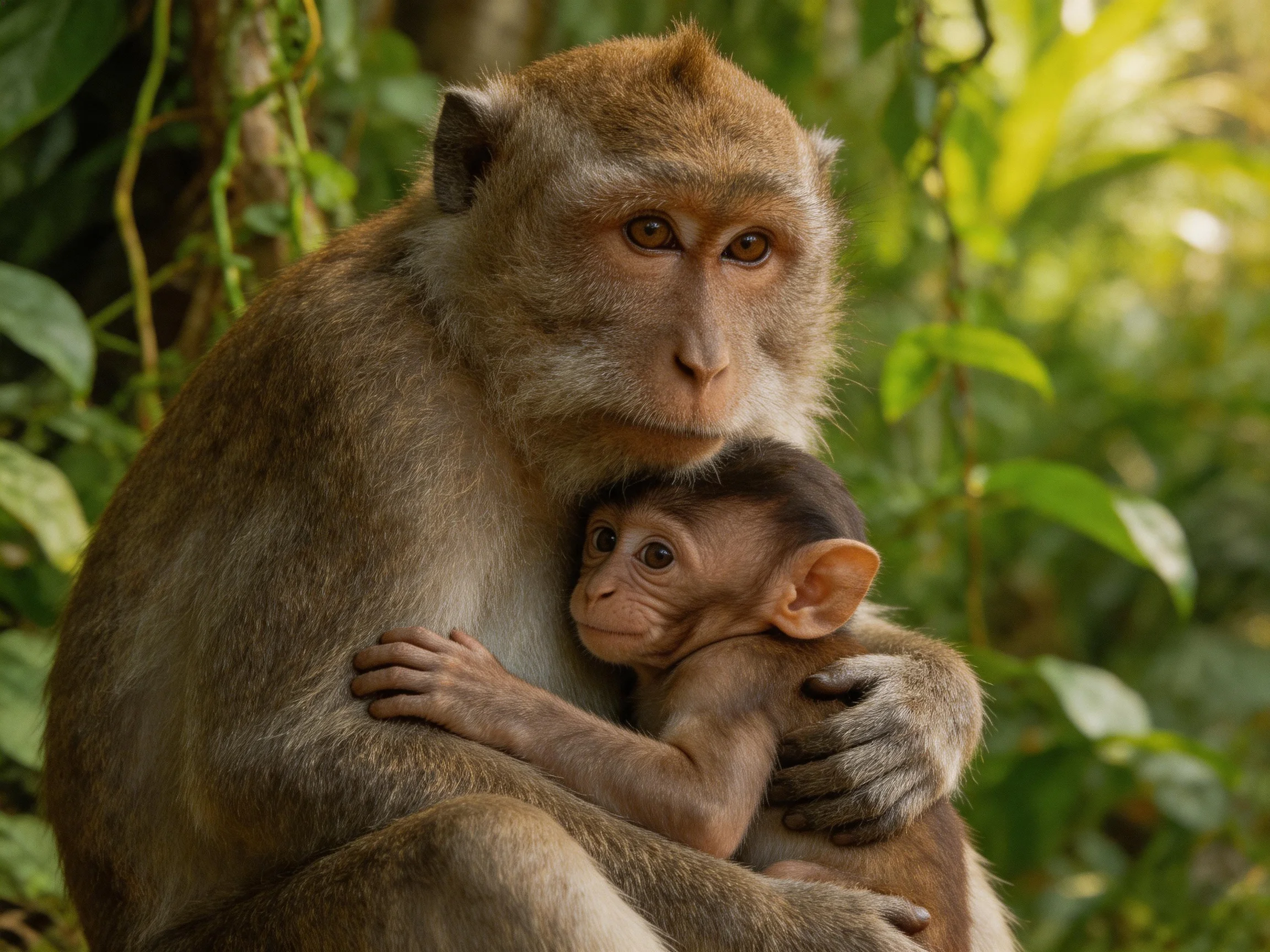 An adult monkey cradles a baby monkey amid dense green foliage