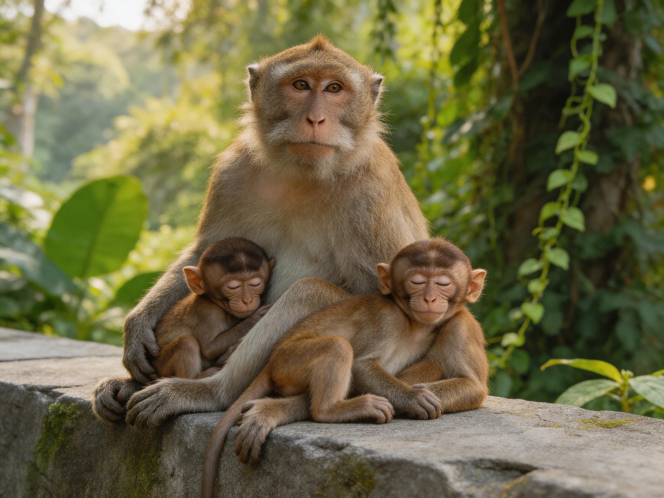 An adult monkey sits with two young monkeys on a stone ledge in a forested area.
