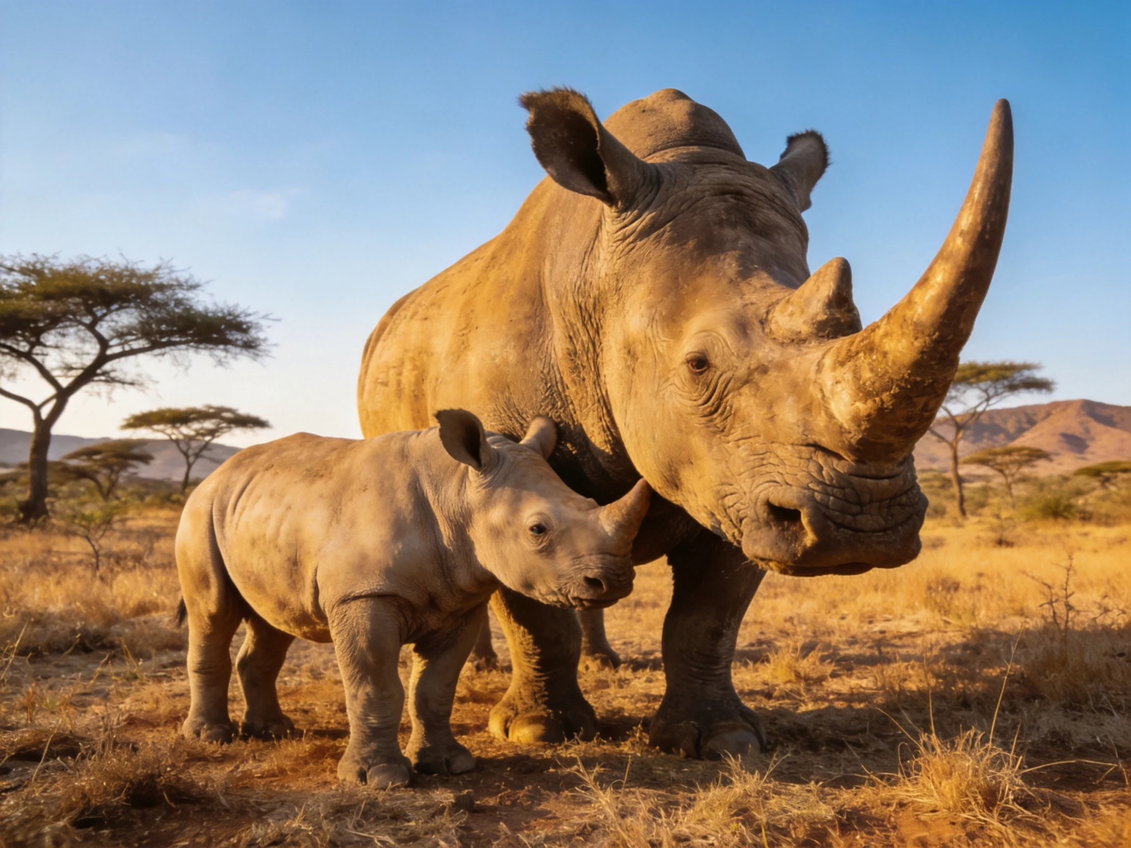 An adult rhino and young calf in a sunlit savannah