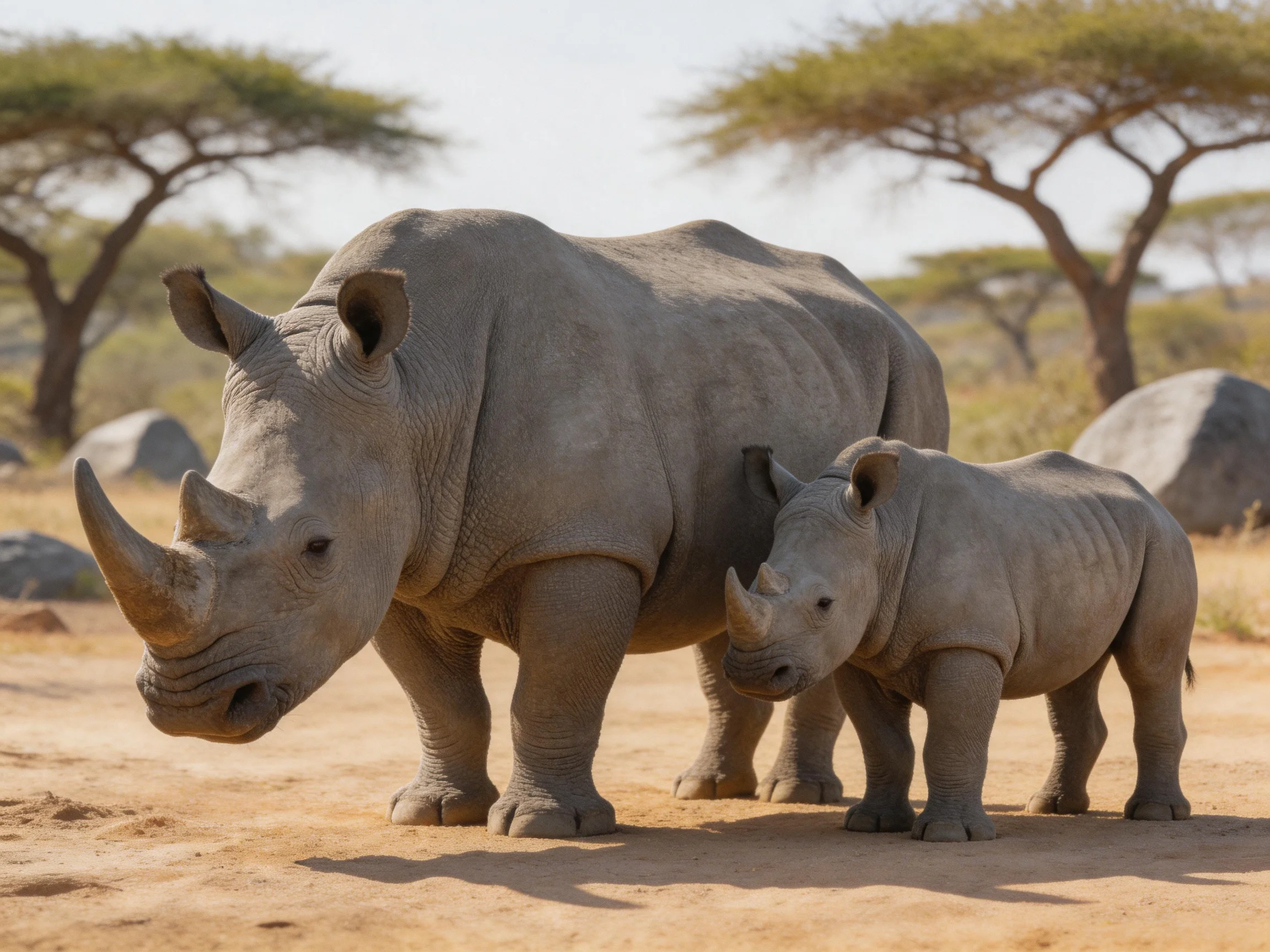 An adult and young rhino stand together on sandy ground in a savannah setting.