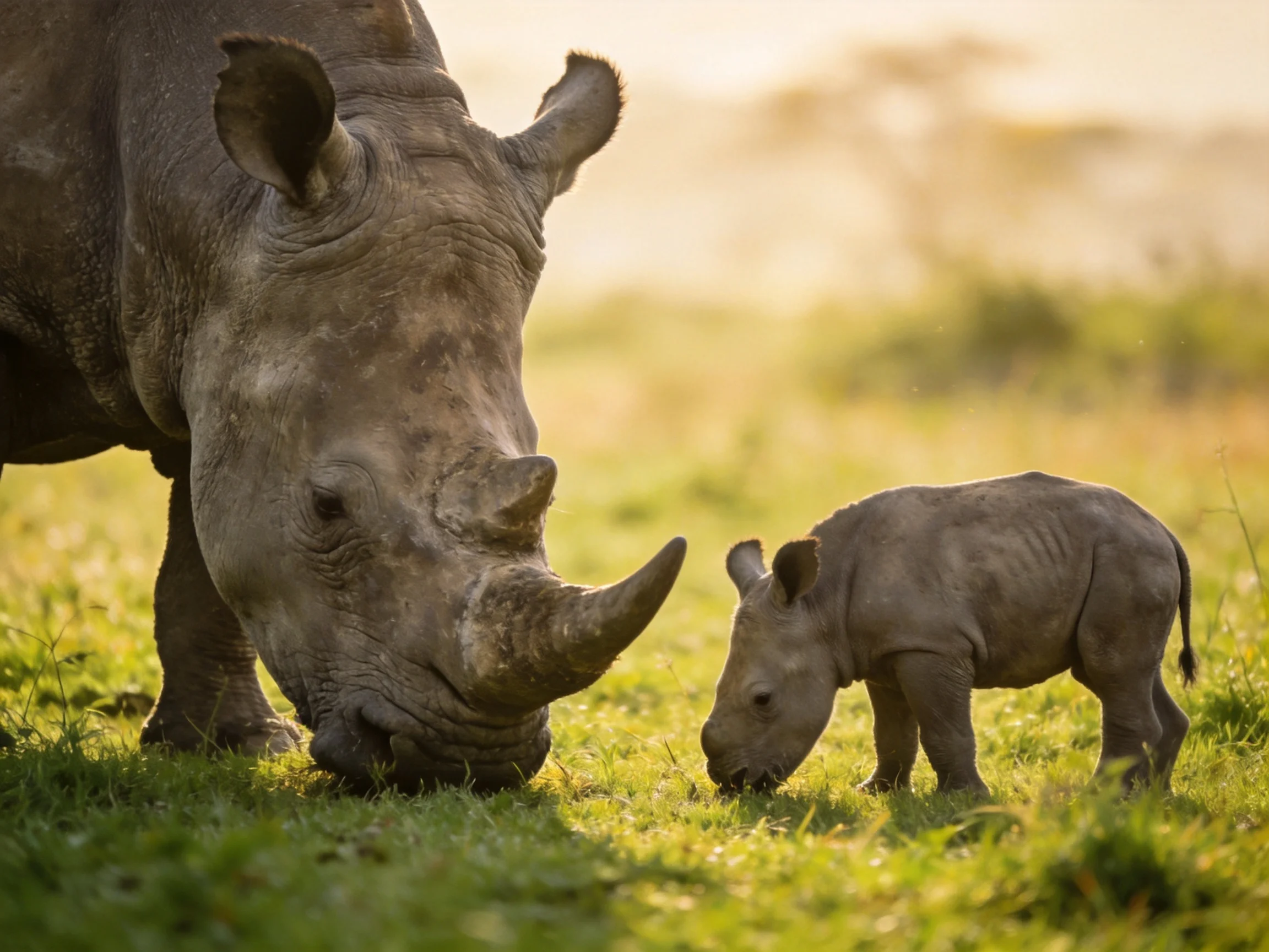 An adult rhinoceros and young rhinoceros graze in a sunlit savannah