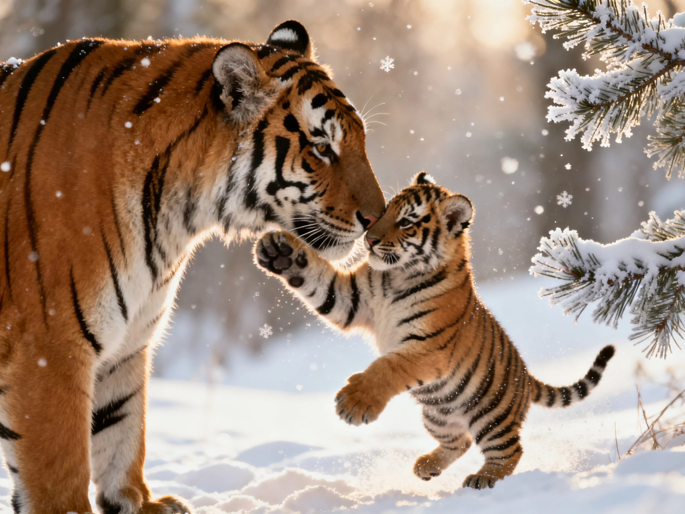 An adult tiger and cub share a moment in a snowy forest.