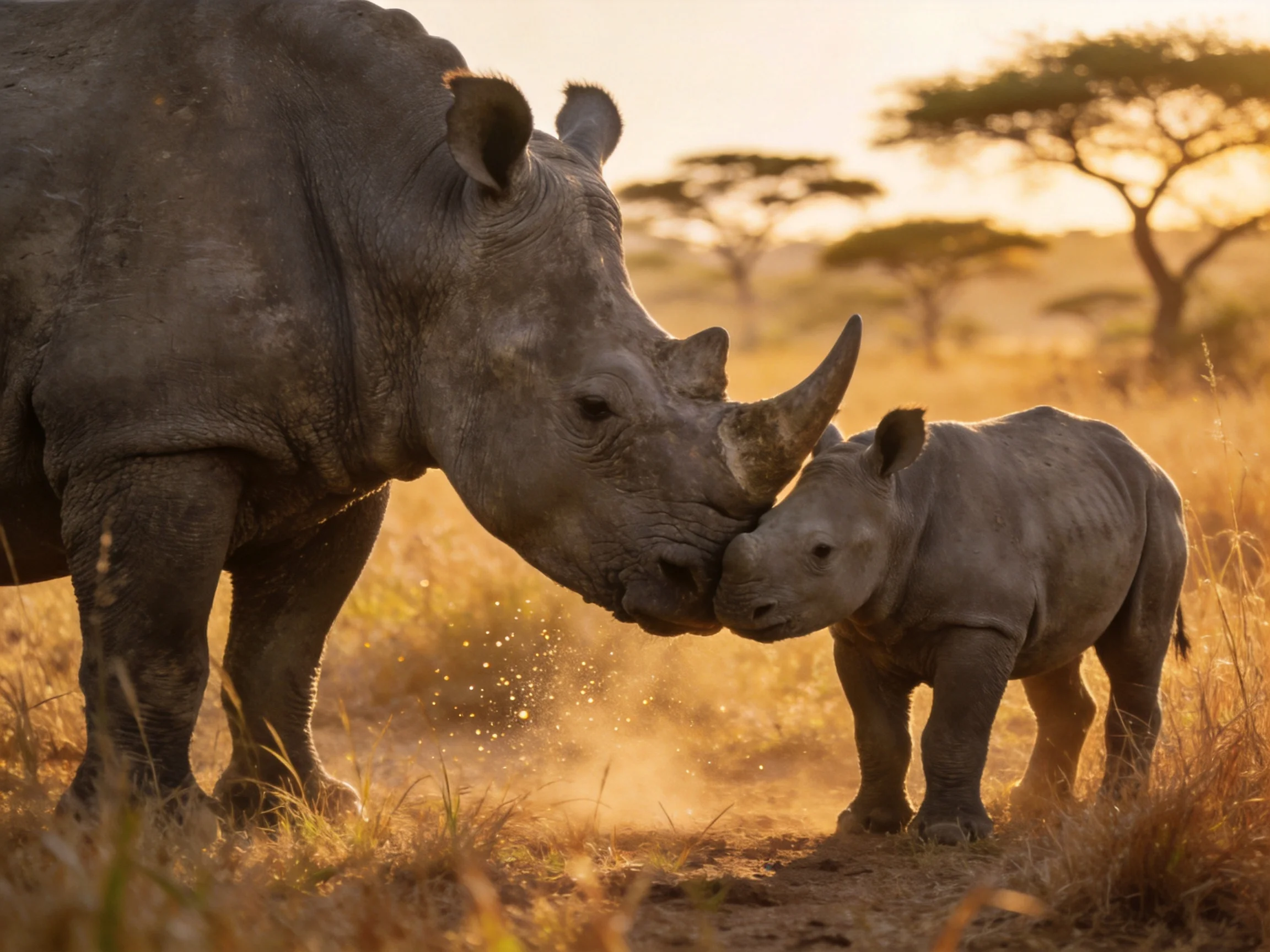 An adult white rhino nuzzles a young one in golden savannah