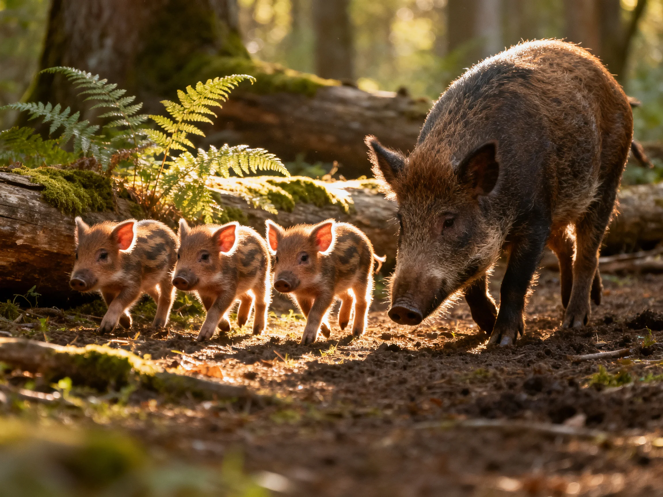 An adult wild boar leads four piglets through a sunlit forest