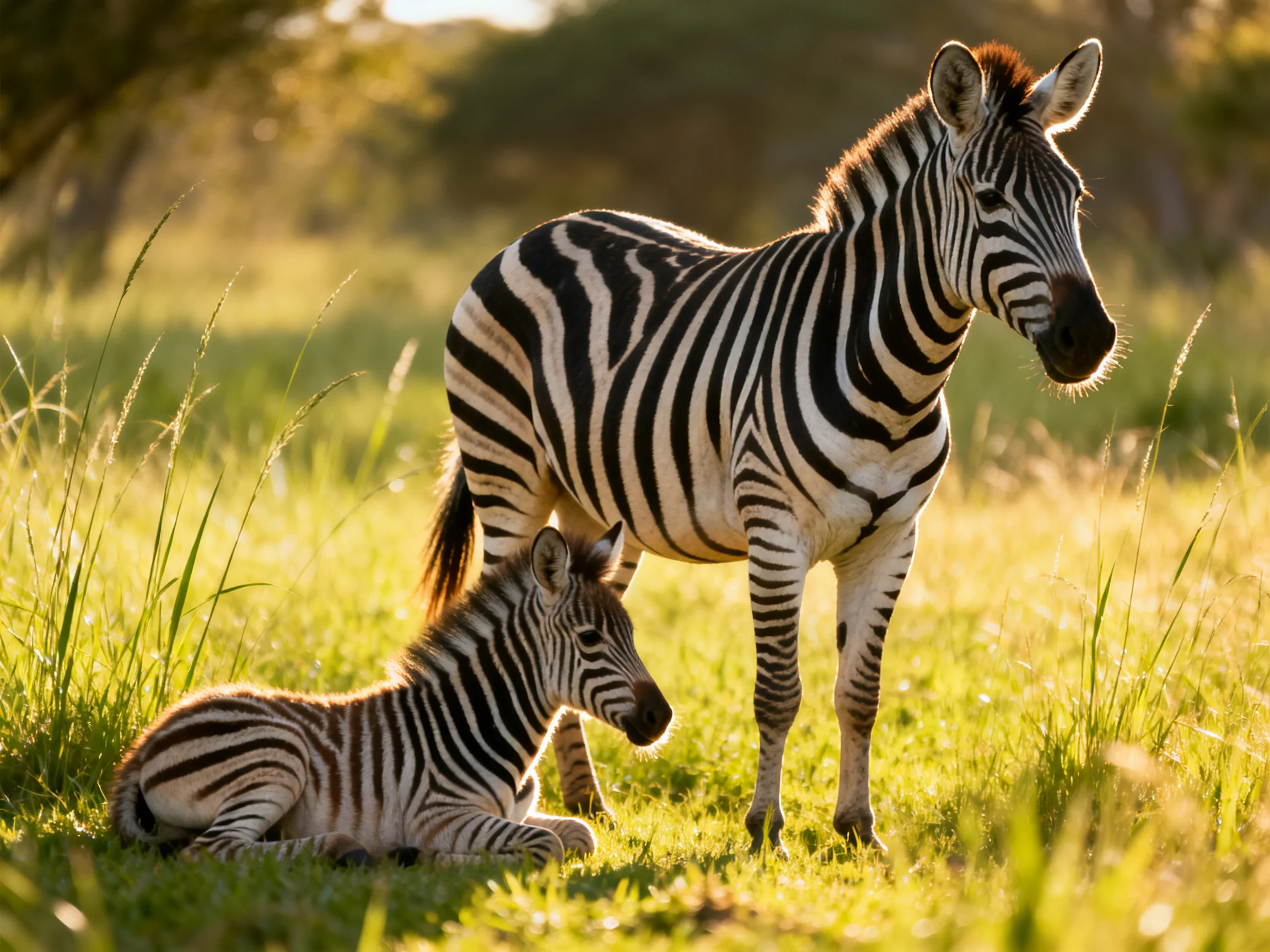 An adult zebra and foal in sun-drenched grassland
