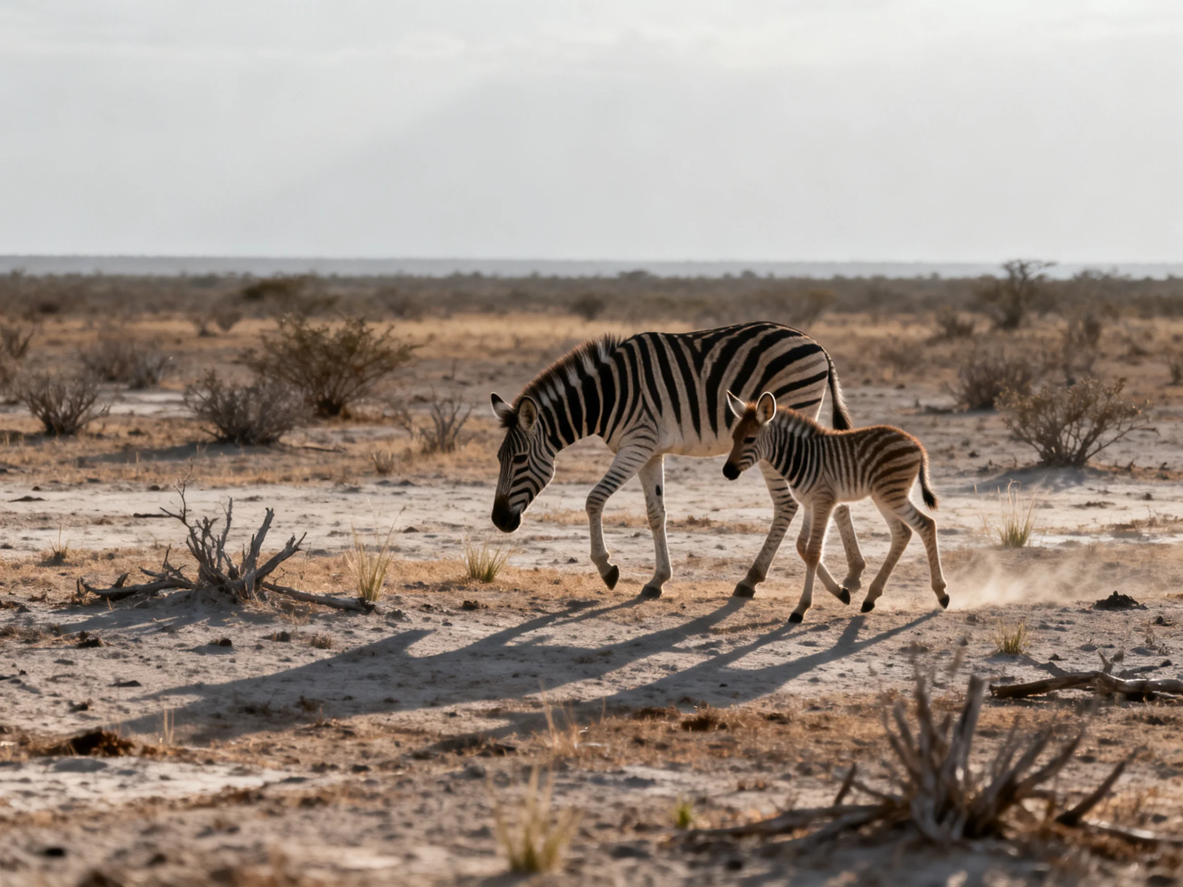 An adult zebra and foal walk through a dry savannah