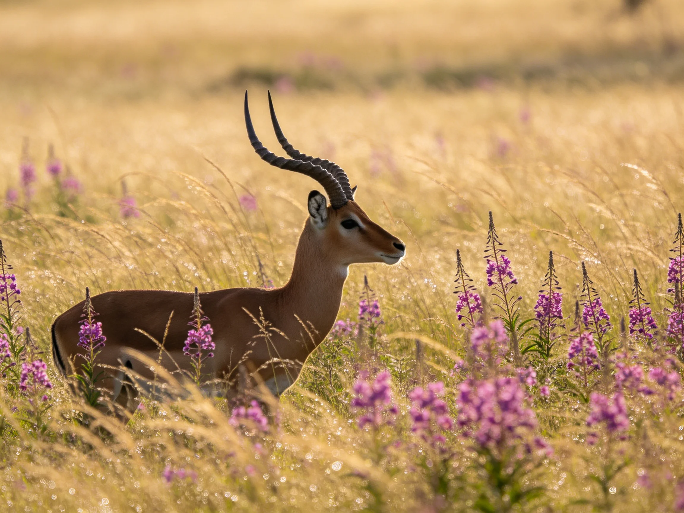 An antelope in a field of golden grass and purple flowers