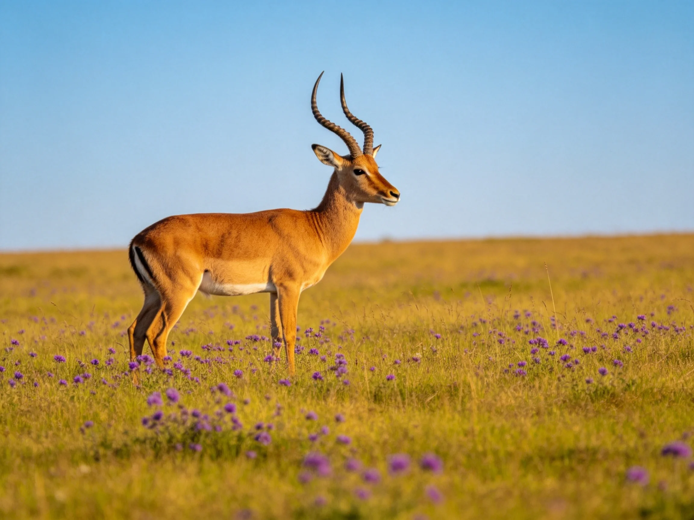 An antelope stands in a golden grassland with purple wildflowers under a clear sky