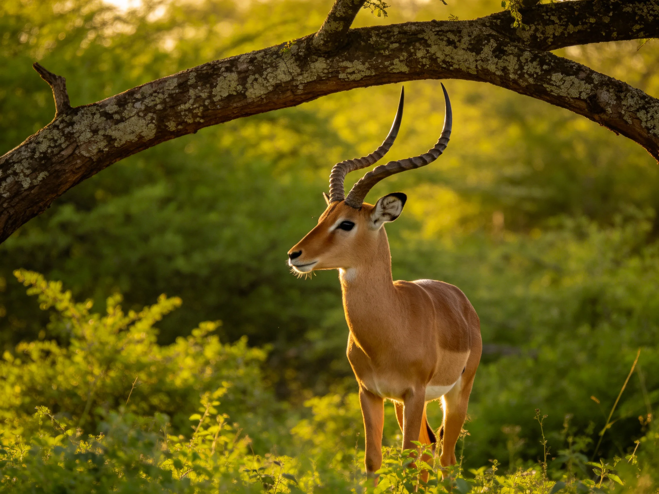 An antelope with curved horns stands beneath a large tree branch