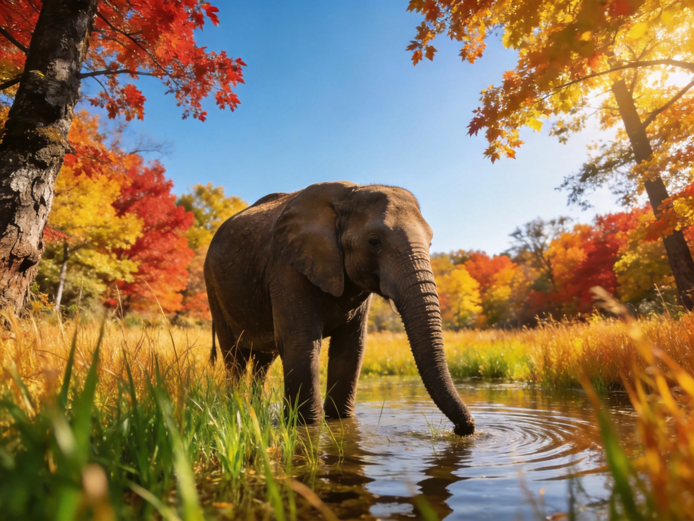 An elephant drinks from a stream amid vibrant fall foliage